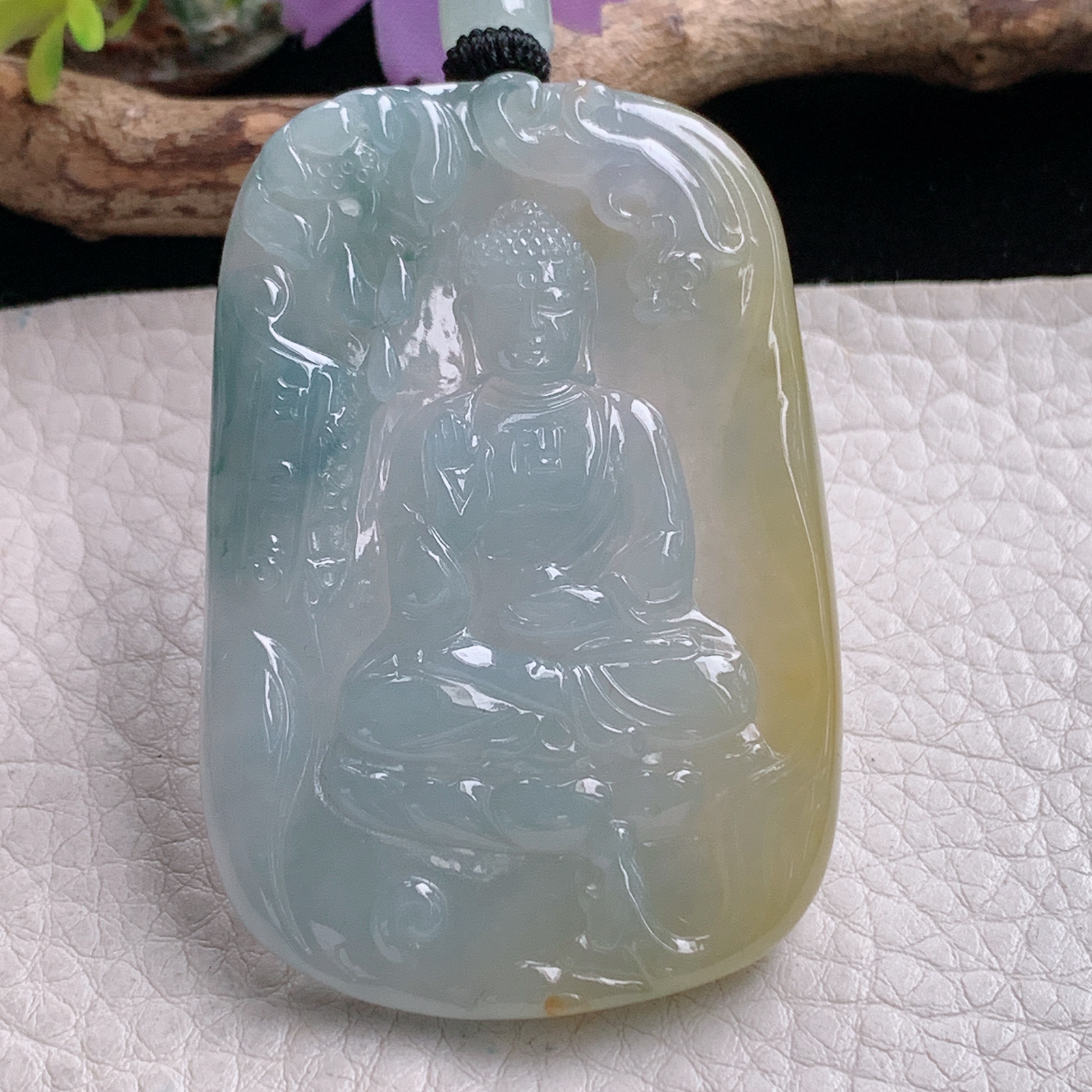 yl实拍58.5*39*5.8缅甸翡翠冰三彩阿弥陀佛佛祖玉吊坠 玉挂件