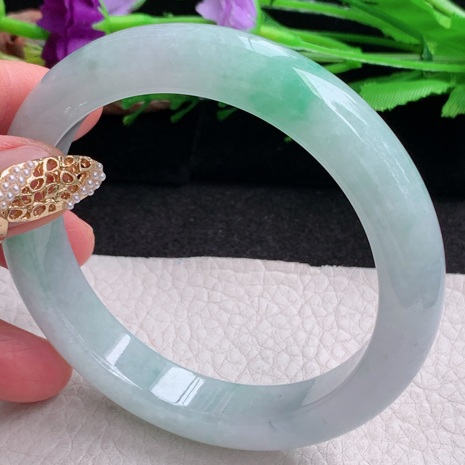 yh大圈口61.8*12.5*9.2平安镯 缅甸翡翠a货手镯冰飘绿正圈玉镯子