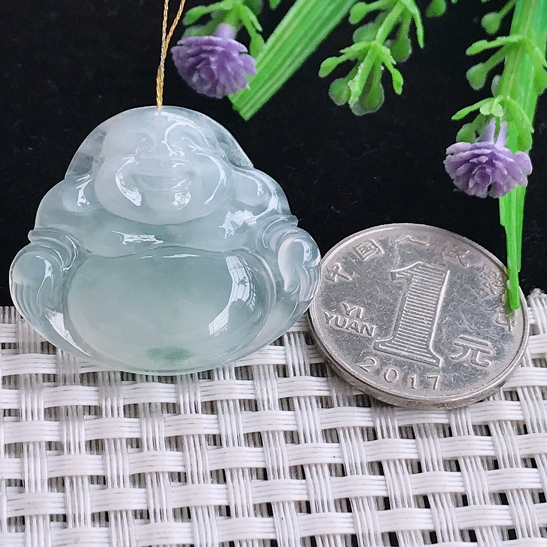 实拍A货翡翠29.5/33.8/5.8老坑冰种起胶冰飘花佛公吊坠翡翠玉佛挂件