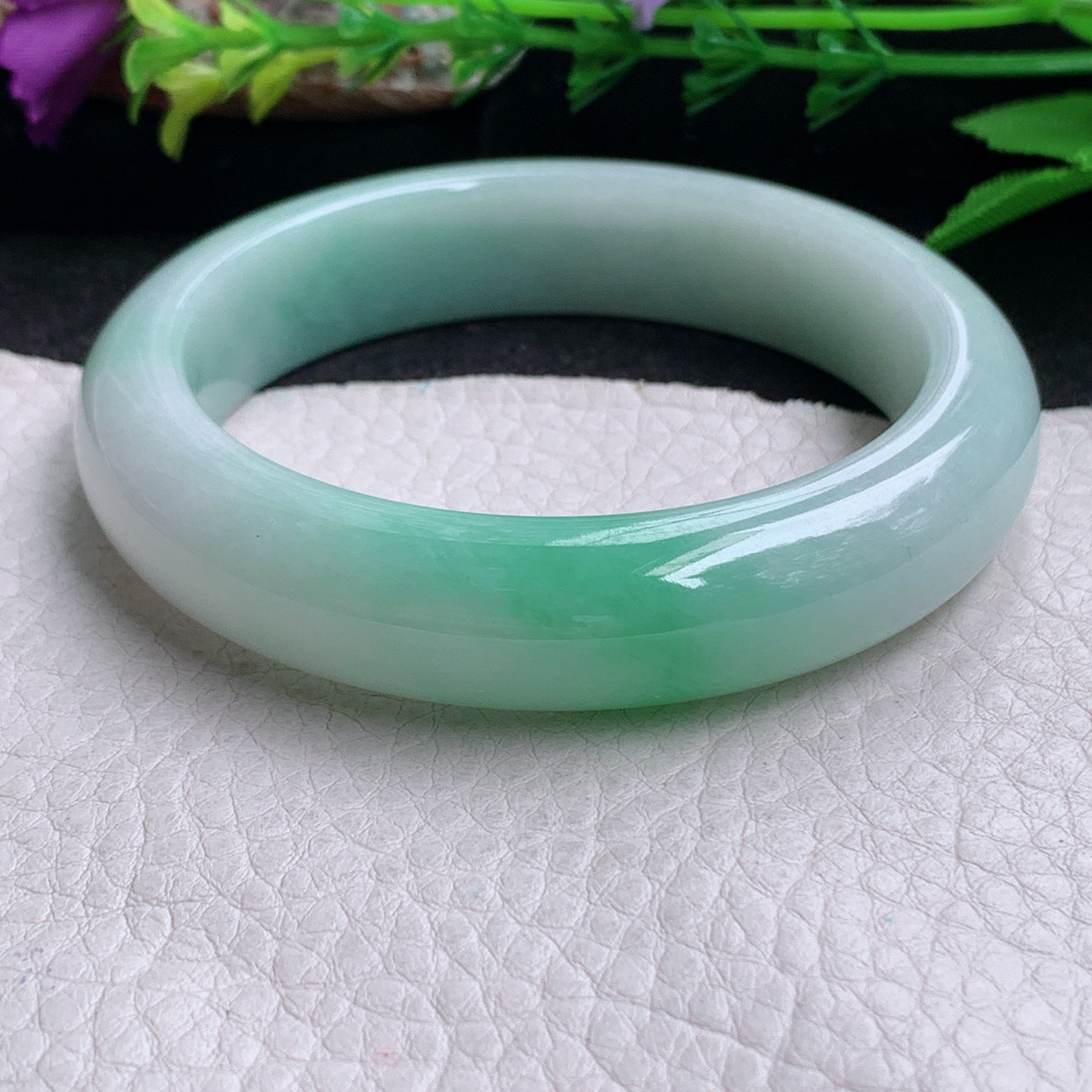 nr实拍57.85*13.8*9平安镯 缅甸翡翠a货手镯飘绿厚装正圈玉镯子