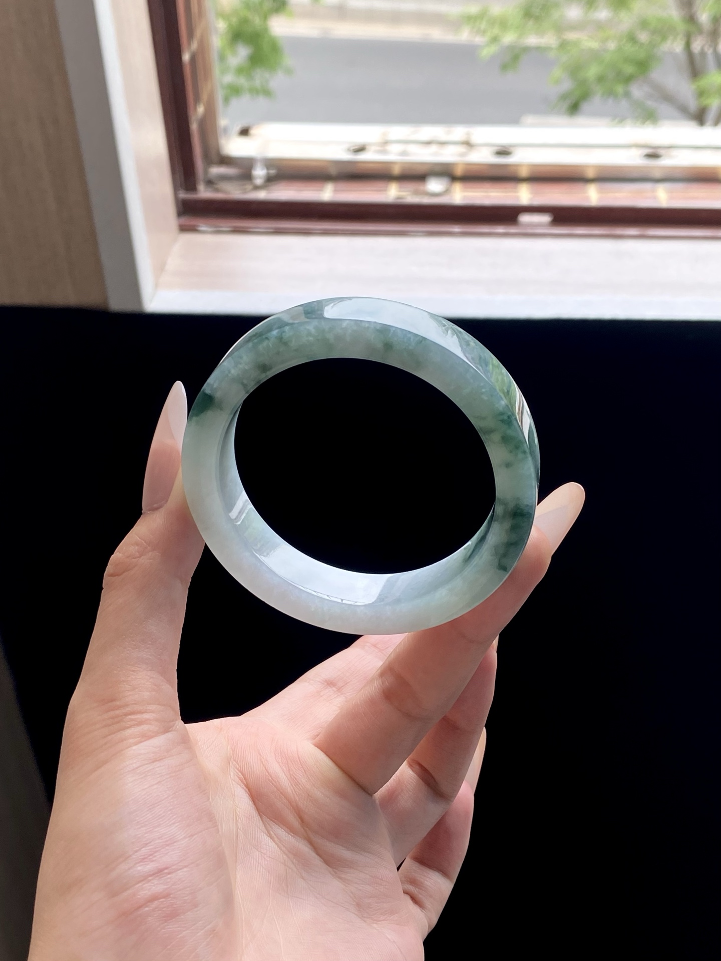 冰种蓝色飘花镯胚，A0420-7，⭕️73-57-12.2-8