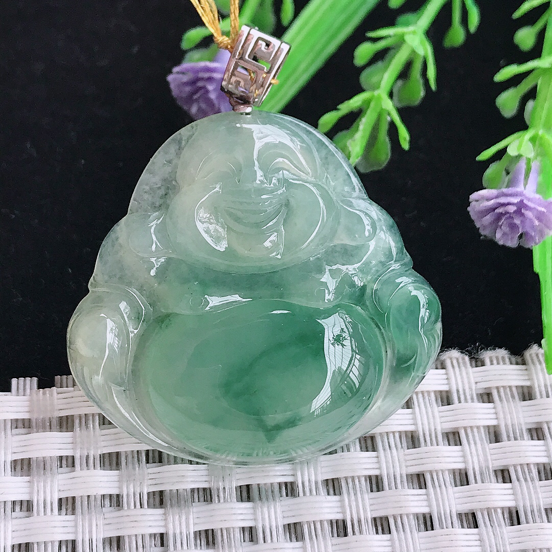 实拍A货翡翠34/36/7老坑18k金镶嵌冰飘花佛公吊坠翡翠玉坠挂件