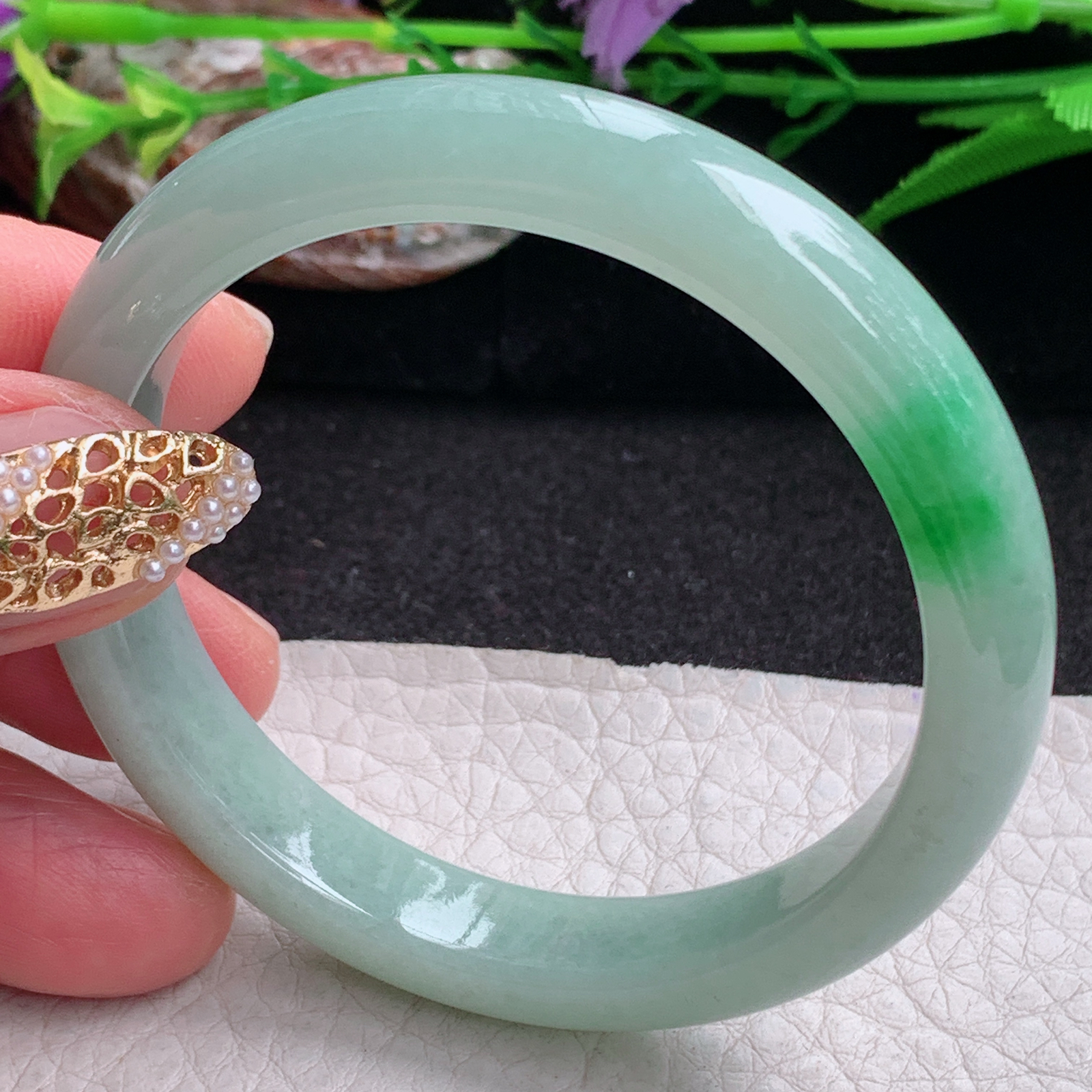 xx小圈口51*9.6*7平安镯 缅甸翡翠a货手镯飘阳绿女款正圈玉镯子