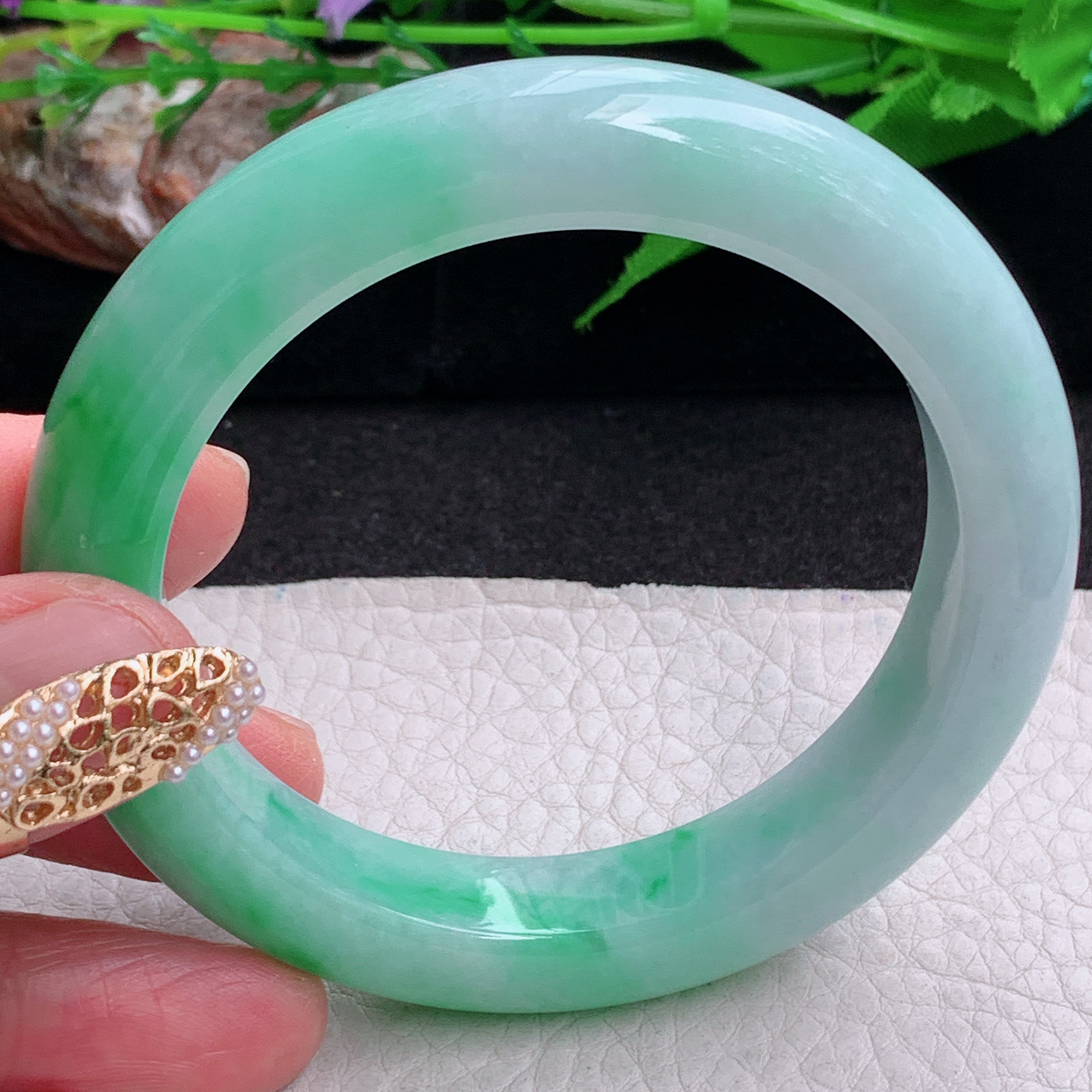 fl白底青56*13.5*9.6平安镯 缅甸翡翠a货手镯飘阳绿正圈玉镯子