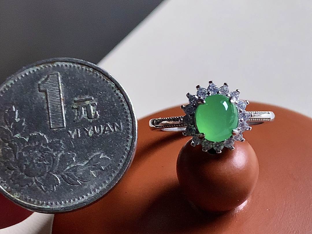 ️ 冰种木那蛋面戒指，银925，色泽清新漂亮，无裂，尺寸10.8/10.7/9.6，圈口14