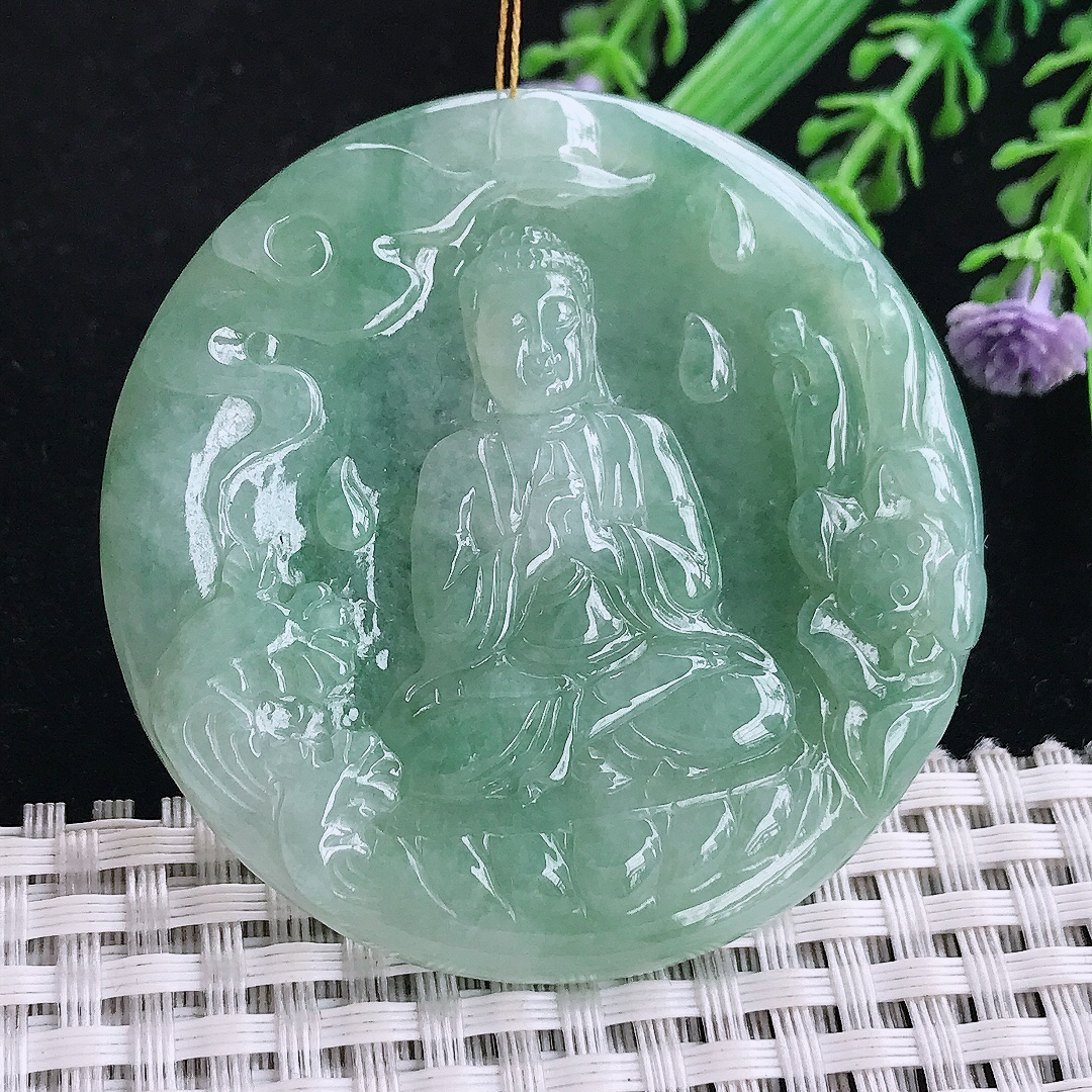 实拍A货翡翠53.5/5老坑冰润满绿大日如来佛祖吊坠翡翠玉坠挂件