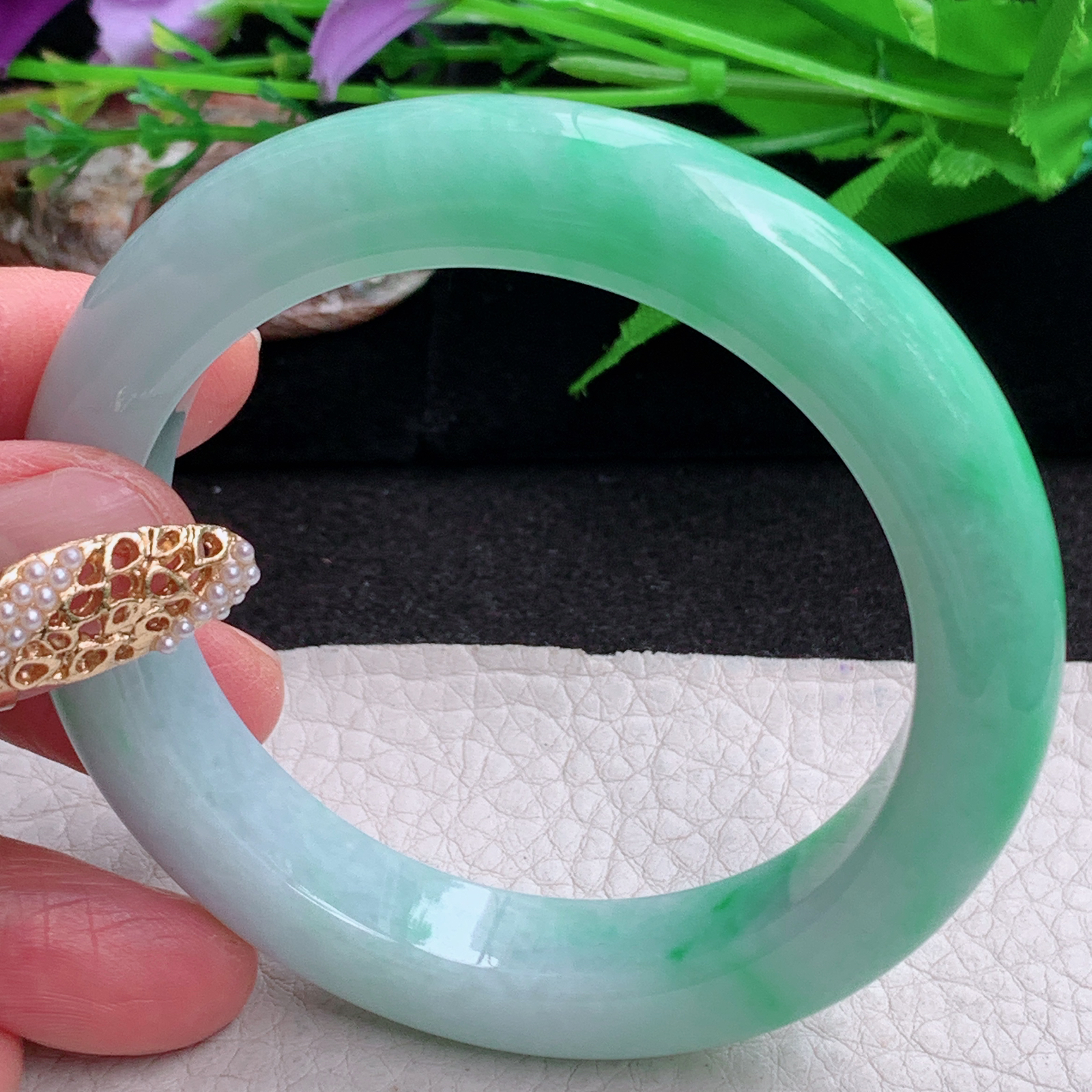 fl白底青56*13.5*9.6平安镯 缅甸翡翠a货手镯飘阳绿正圈玉镯子