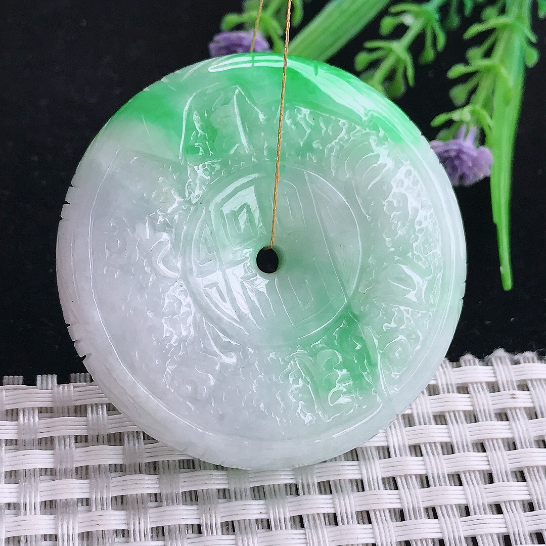 实拍A货翡翠50.3/12.5老坑精美温润飘阳绿仿古平安扣吊坠翡翠玉坠挂件