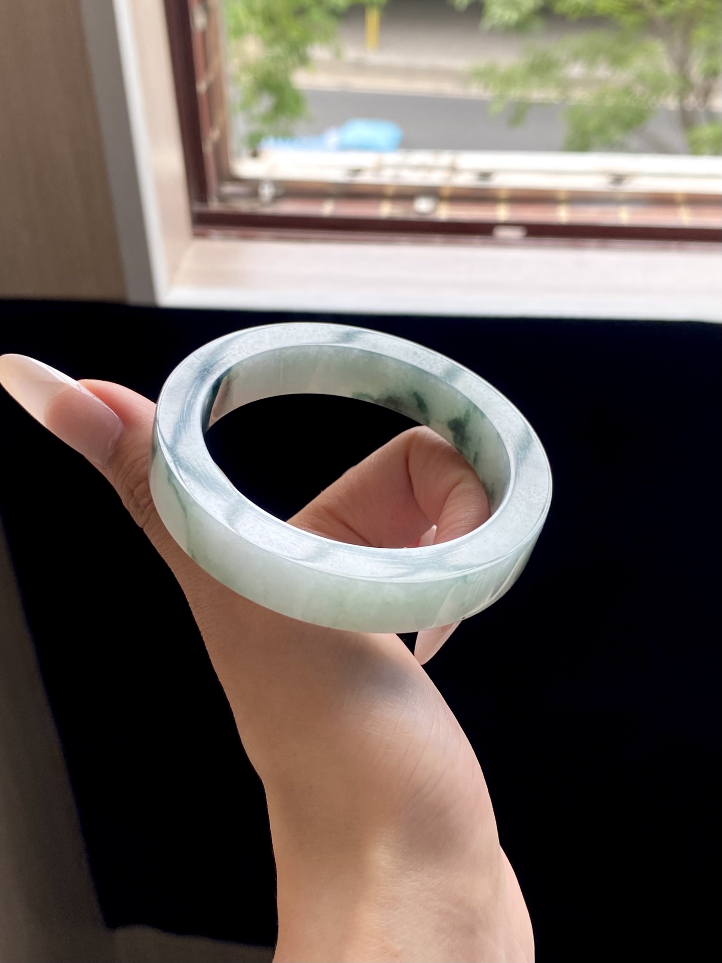 冰蓝飘花镯胚，A0420-8，73-56.5-12.2-8.5，可做57～58正圈