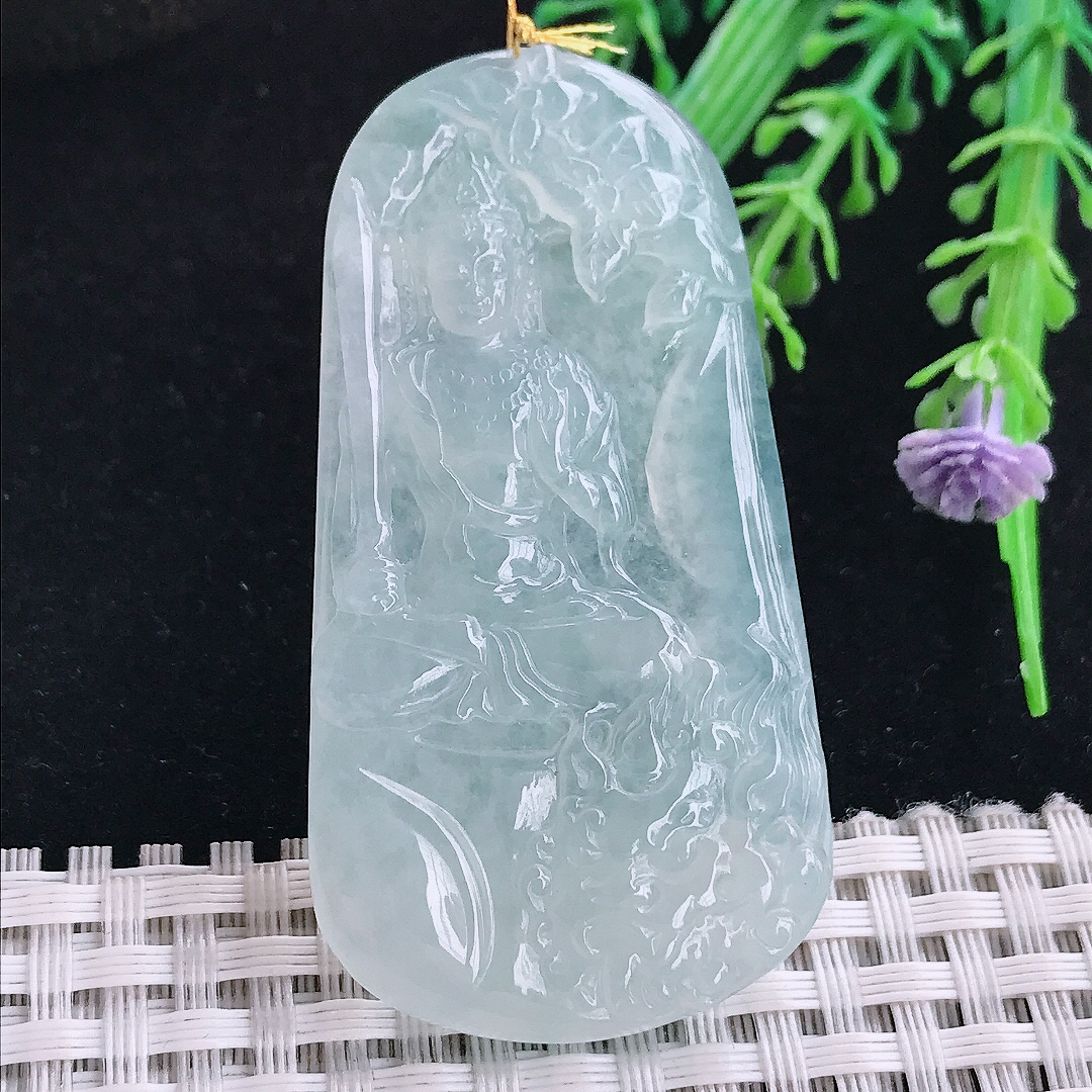 实拍A货翡翠57.2/30.3/5.2老坑冰胶果冻冰晴文殊菩萨吊坠翡翠玉坠挂件