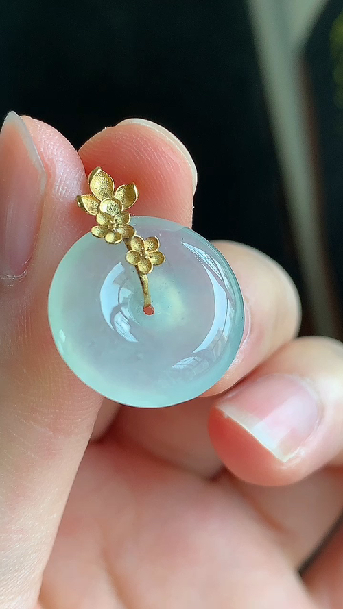 天然翡翠，冰晴平安扣，18k金，无裂，尺寸18/5.2，编号an426