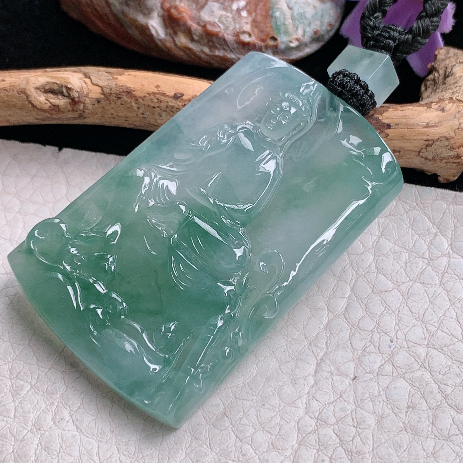 yl实拍55*36.2*6.2缅甸翡翠糯雕冰飘花玉观音玉吊坠 玉挂件