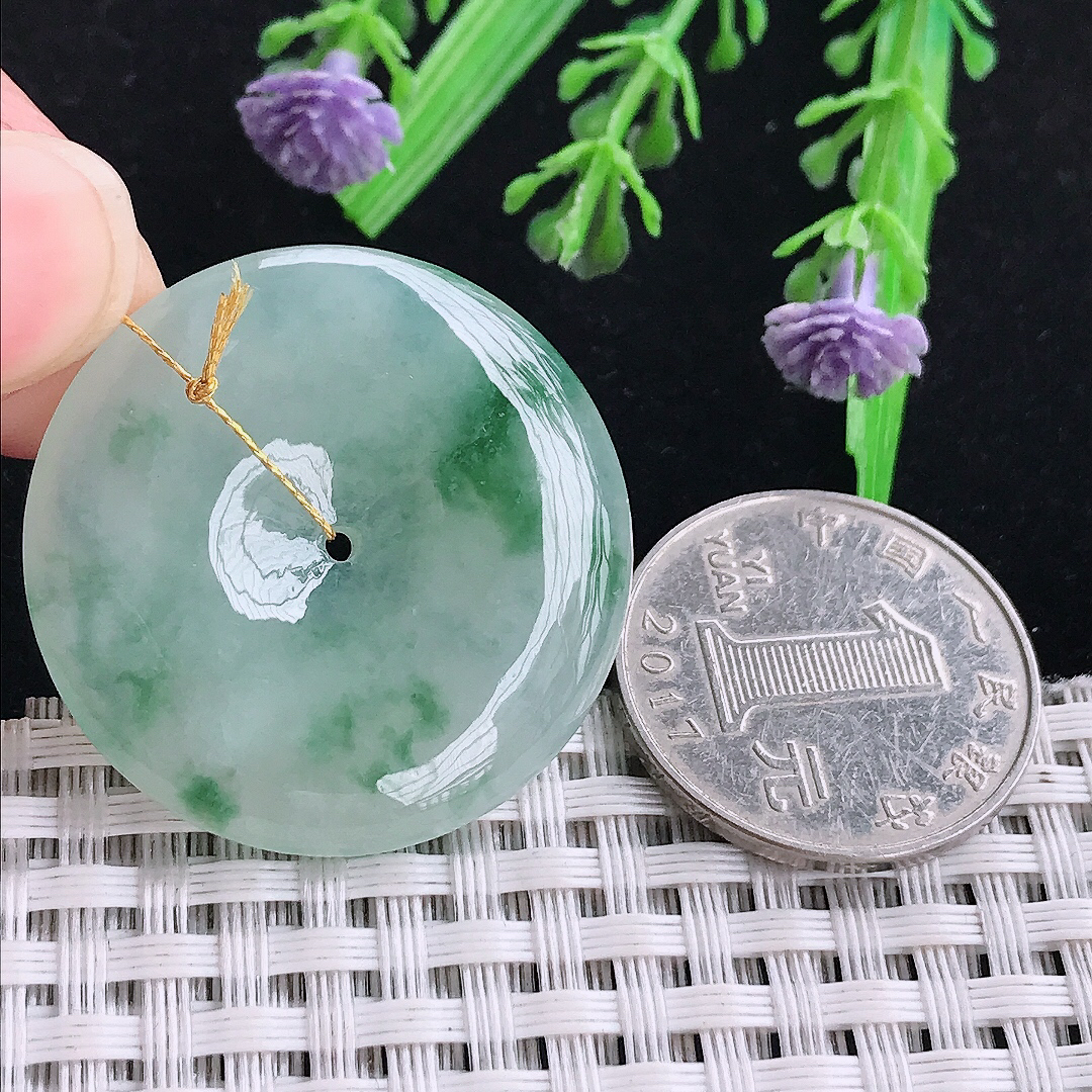 实拍A货翡翠33.2/5.5老坑冰胶水灵飘花平安扣吊坠翡翠玉坠挂件