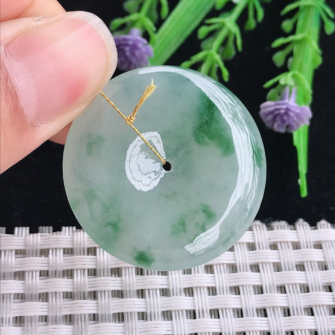 实拍A货翡翠33.2/5.5老坑冰胶水灵飘花平安扣吊坠翡翠玉坠挂件