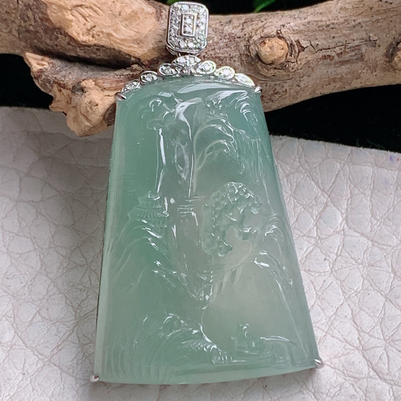 axm实拍33.8*24.6*6.3缅甸翡翠冰晴山水 大好河山玉吊坠 玉挂件