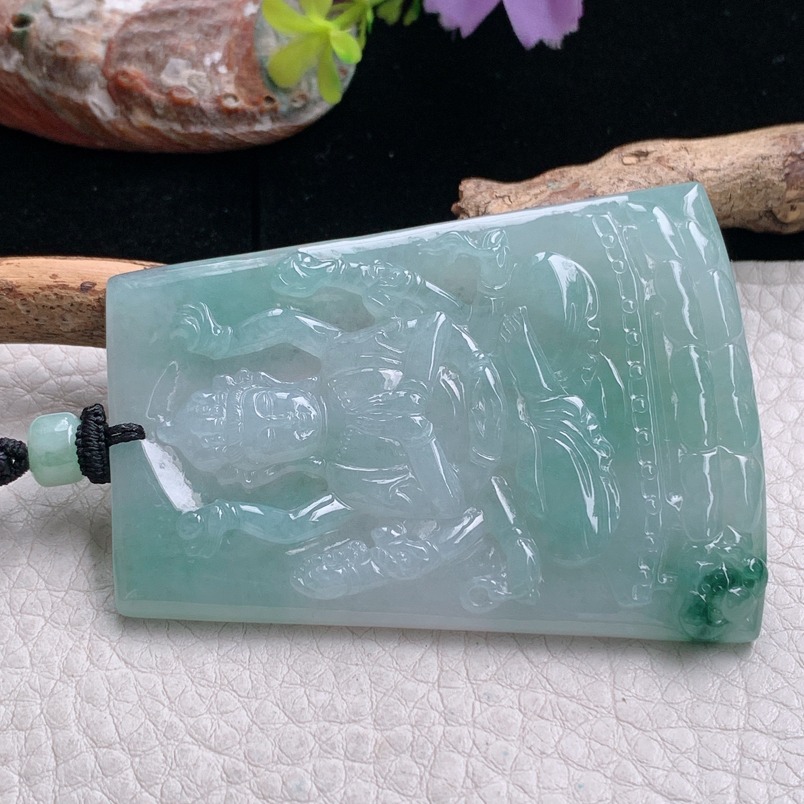 yl实拍65*47.8*5.7缅甸翡翠冰飘花千手观音 生肖守护神玉吊坠 玉挂件