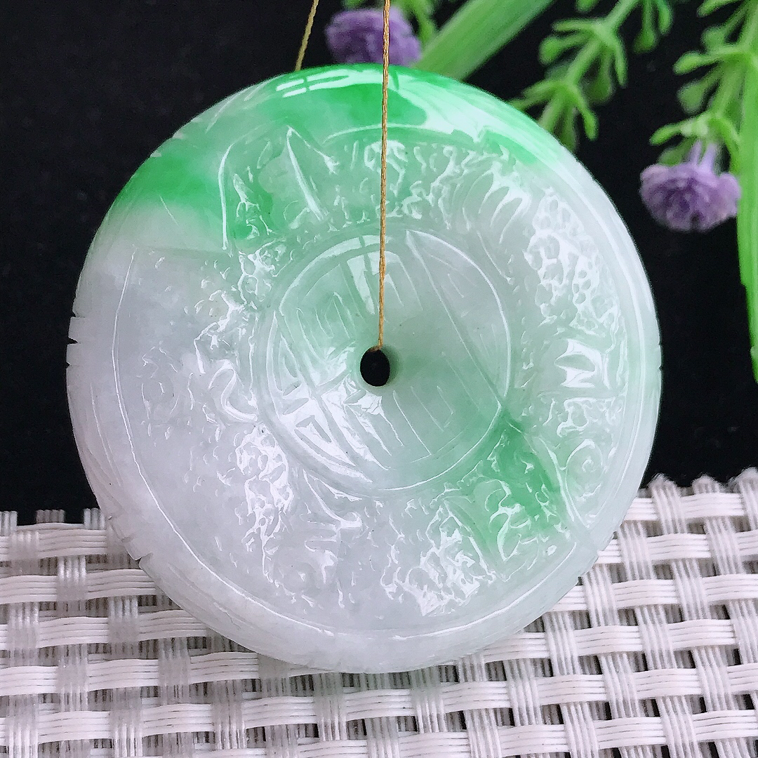 实拍A货翡翠50.3/12.5老坑精美温润飘阳绿仿古平安扣吊坠翡翠玉坠挂件