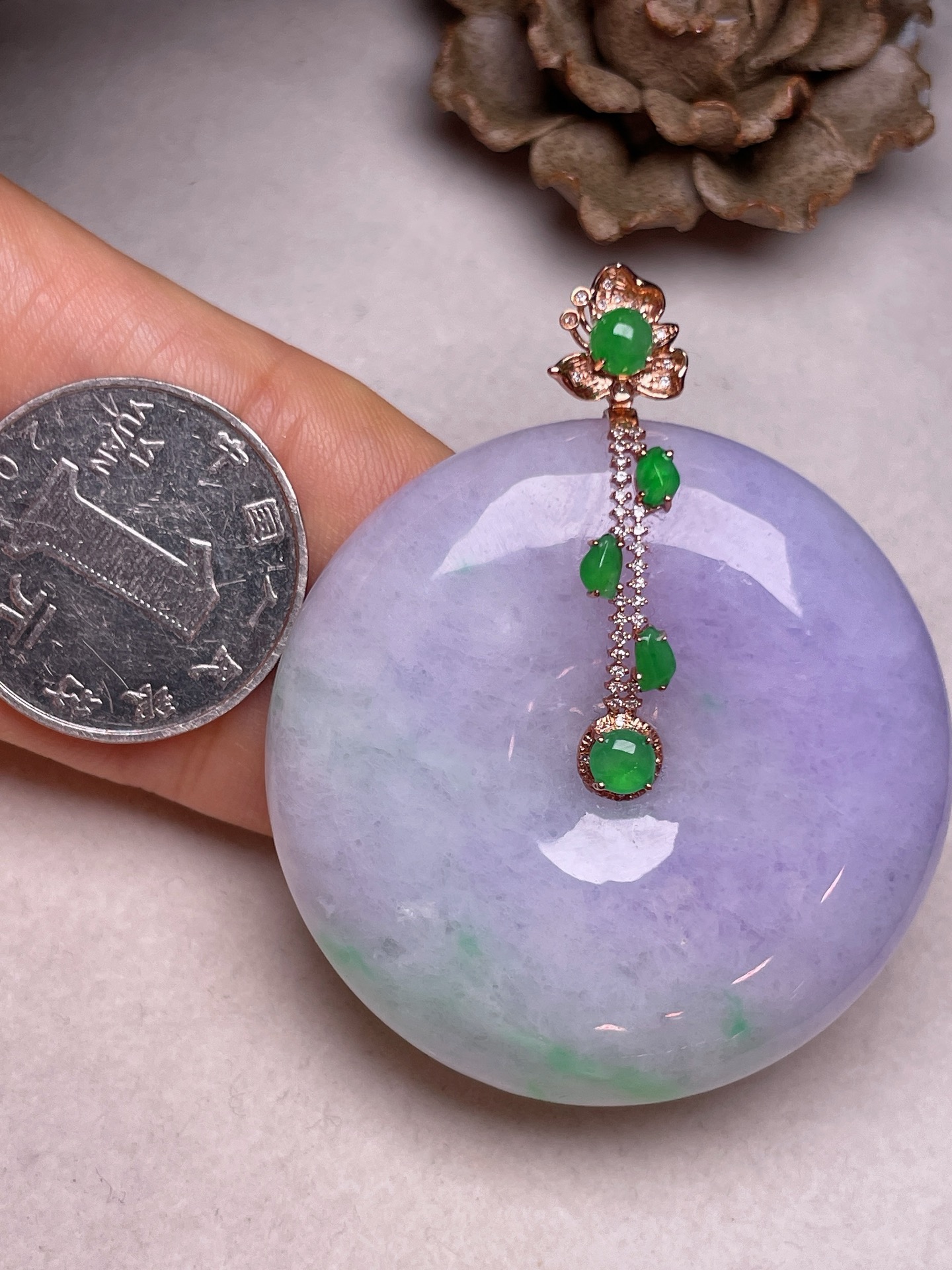 ️ 18k金镶大平安扣，冰糯种满紫，无裂，一手货源，尺寸46.8/11.6长56.6