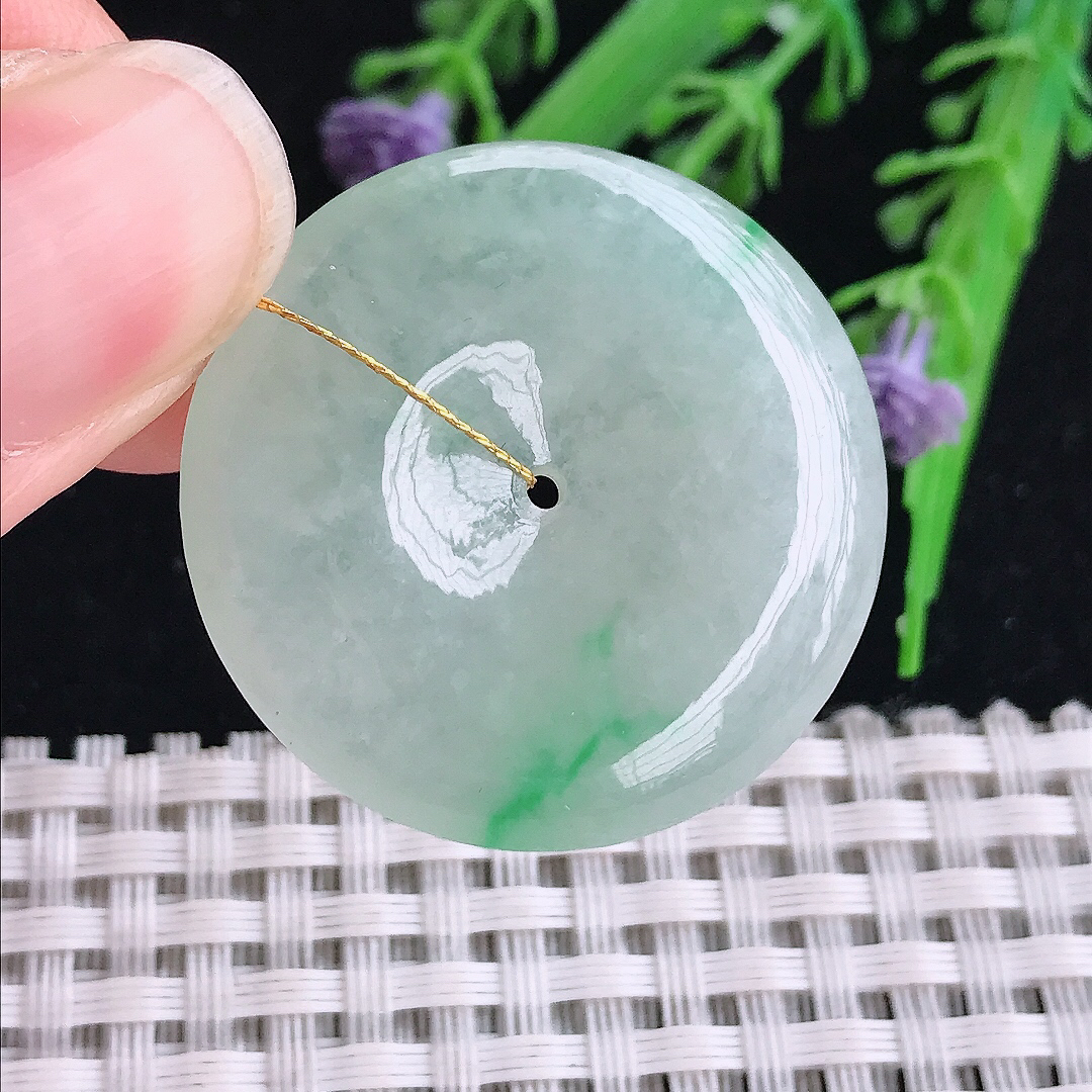 实拍A货翡翠31.9/6老坑冰胶果冻冰晴飘绿平安扣吊坠翡翠玉扣挂件