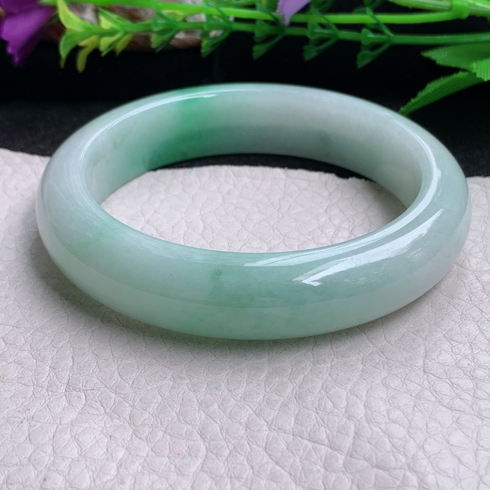 nr实拍57.85*13.8*9平安镯 缅甸翡翠a货手镯飘绿厚装正圈玉镯子