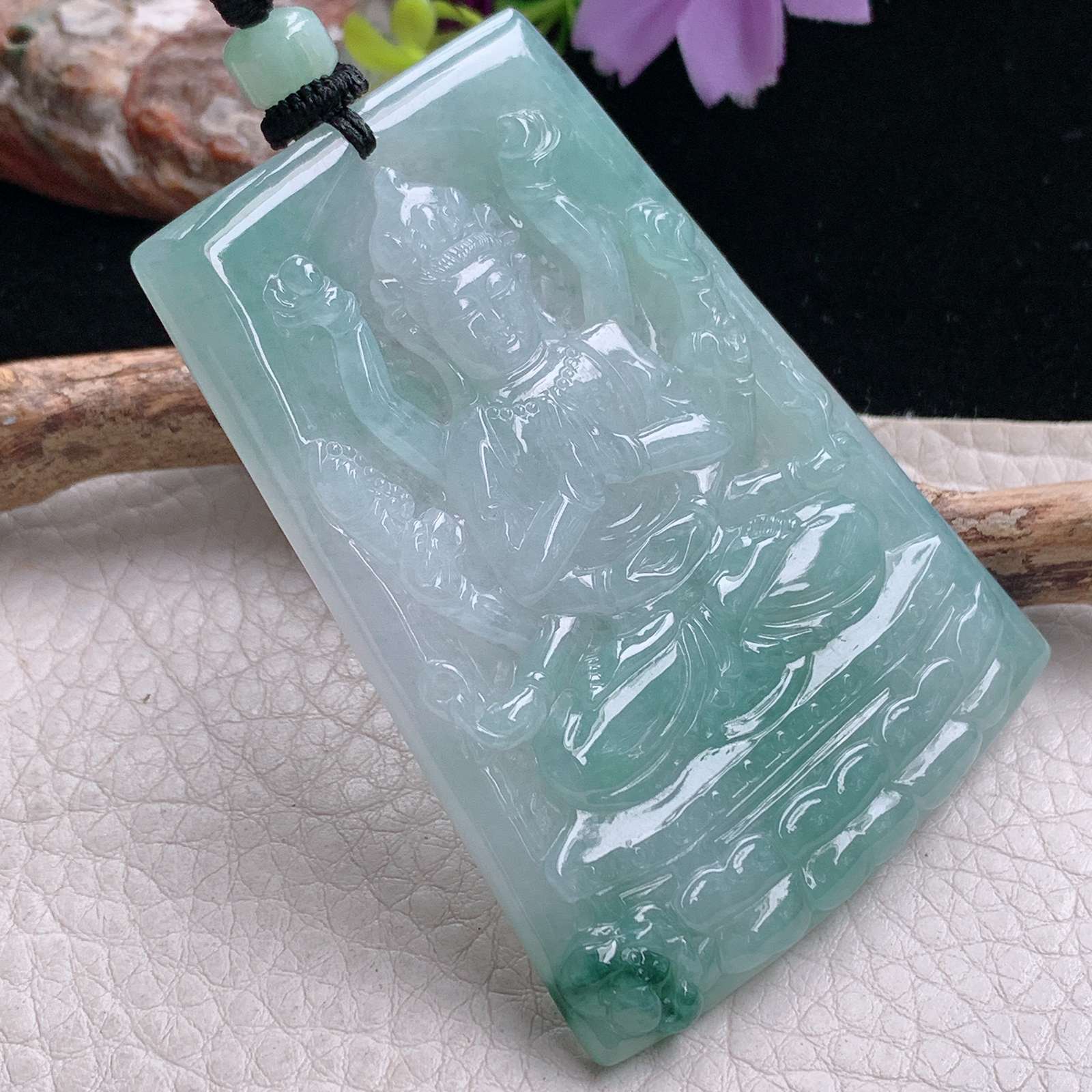 yl实拍65*47.8*5.7缅甸翡翠冰飘花千手观音 生肖守护神玉吊坠 玉挂件