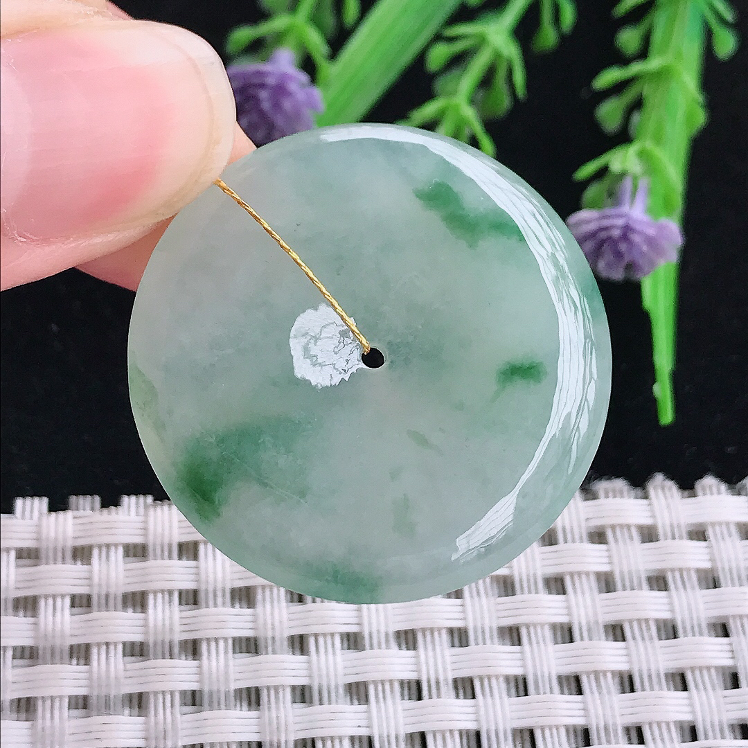 实拍A货翡翠33.2/5.5老坑冰胶水灵飘花平安扣吊坠翡翠玉坠挂件