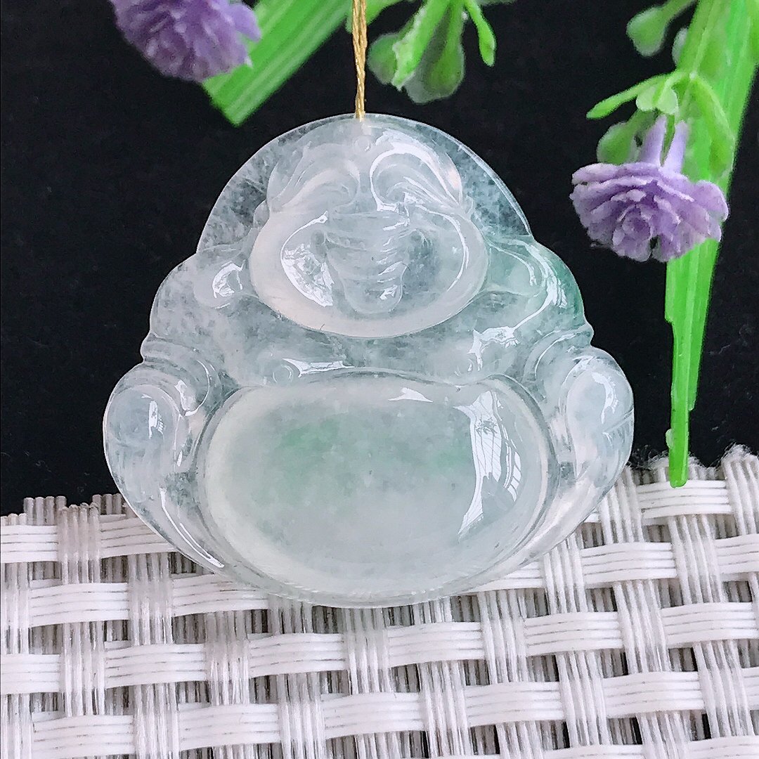 实拍A货翡翠29.5/31.6/6.2老坑冰种起胶佛公吊坠翡翠玉佛挂件