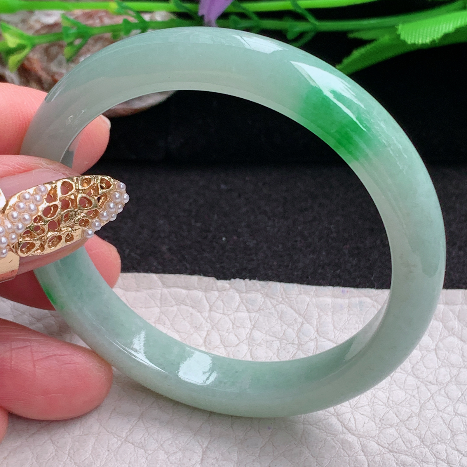 xx小圈口51*9.6*7平安镯 缅甸翡翠a货手镯飘阳绿女款正圈玉镯子