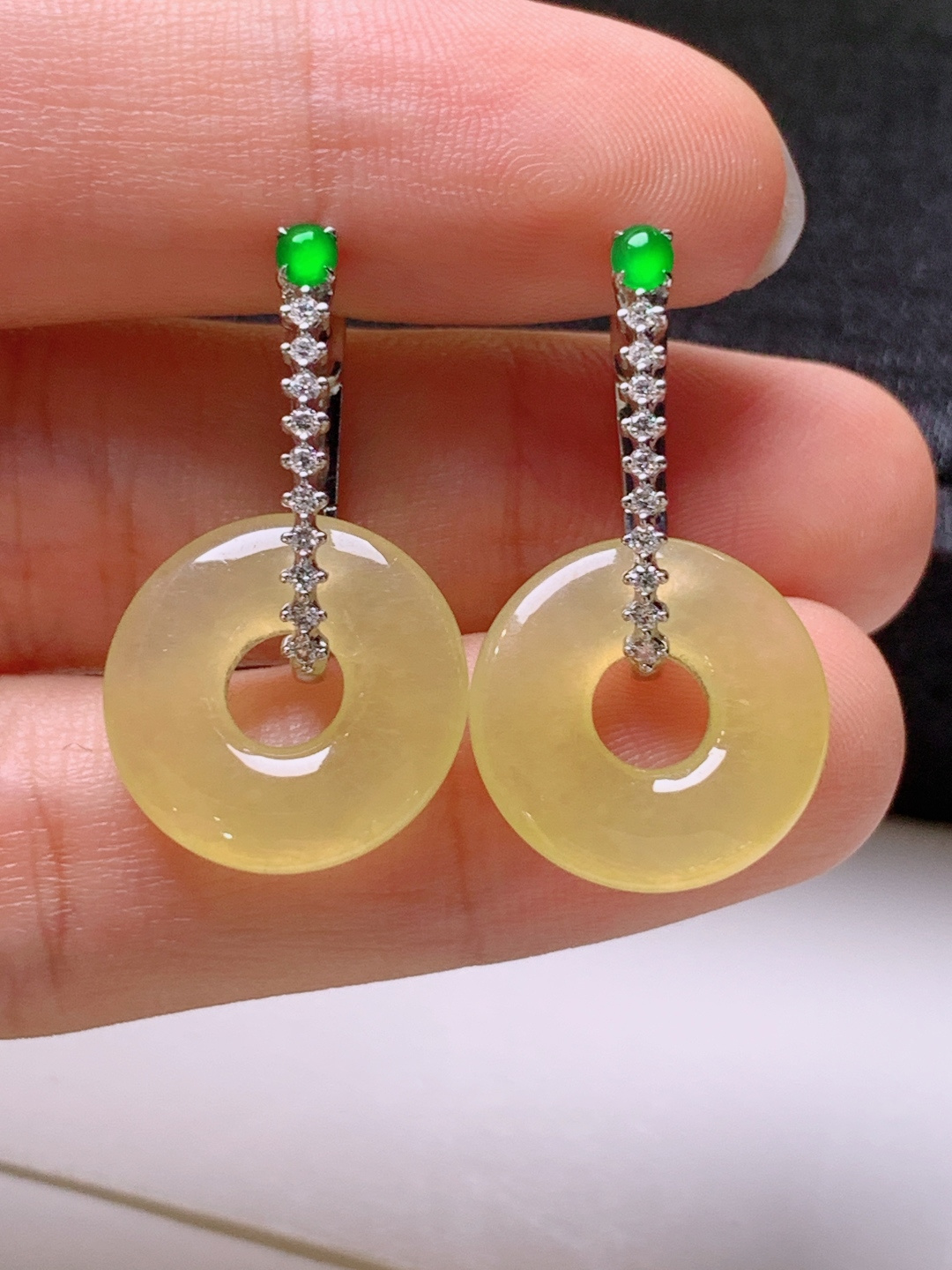 ️ 冰黄翡甜甜圈耳坠，无裂色正，裸石15.5-3.1
