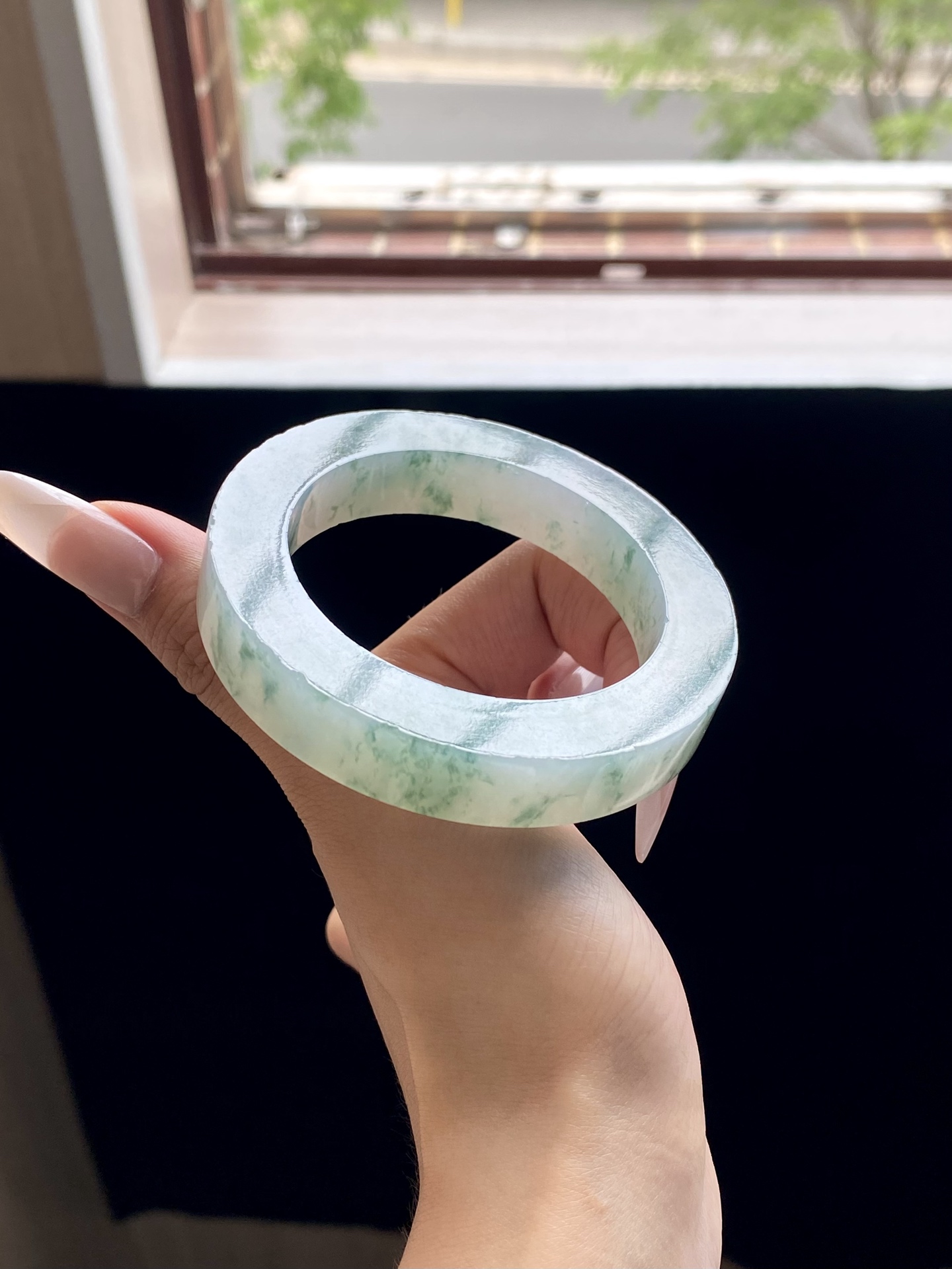 冰绿飘花圆条镯胚，B0425-3，⭕️74-53-12-11，可做53～54圆条