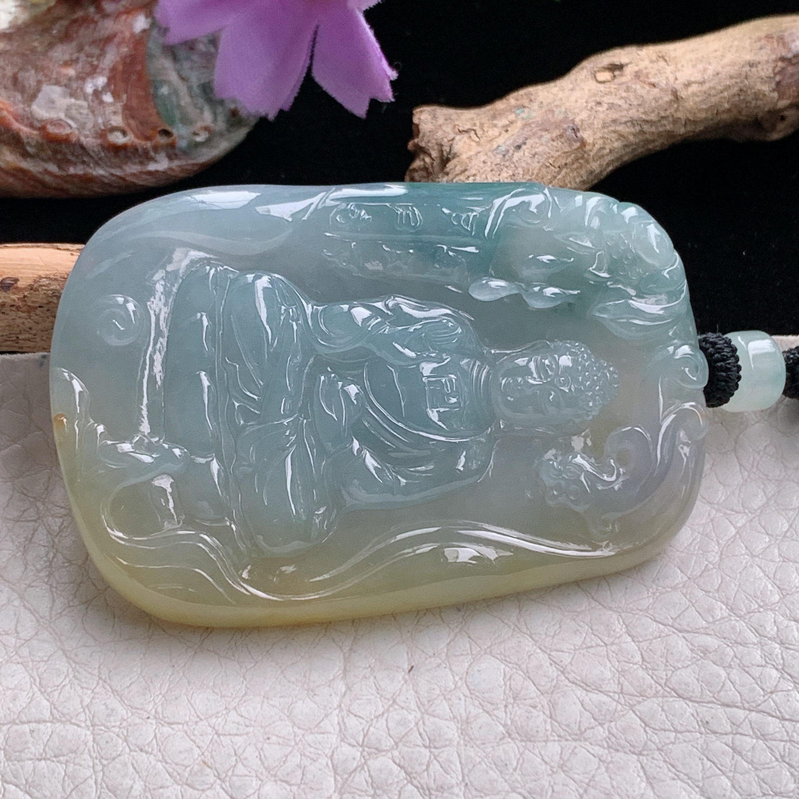 yl实拍58.5*39*5.8缅甸翡翠冰三彩阿弥陀佛佛祖玉吊坠 玉挂件