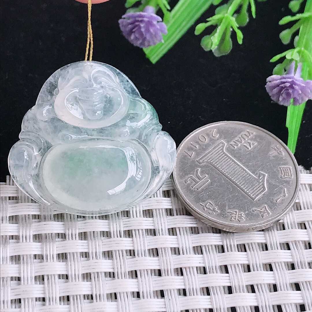 实拍A货翡翠29.5/31.6/6.2老坑冰种起胶佛公吊坠翡翠玉佛挂件
