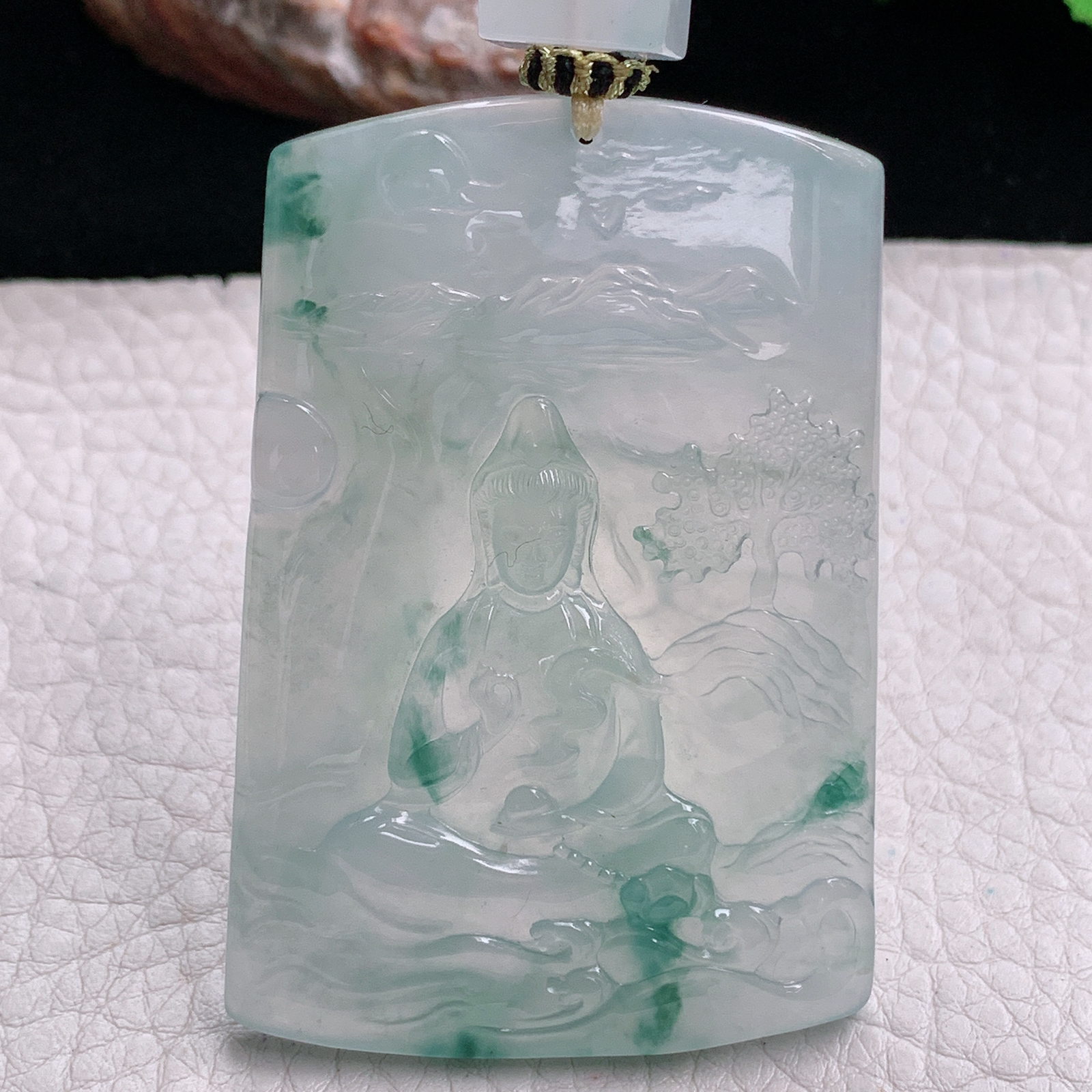 yl实拍64*43.8*5.6缅甸翡翠冰种飘花山水观音 玉观音玉吊坠 玉挂件
