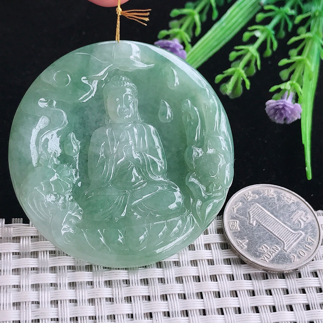 实拍A货翡翠53.5/5老坑冰润满绿大日如来佛祖吊坠翡翠玉坠挂件