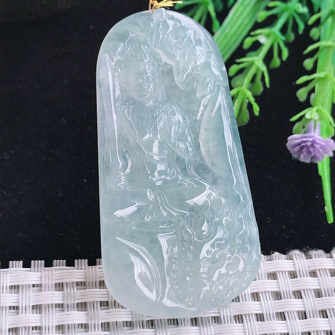 实拍A货翡翠57.2/30.3/5.2老坑冰胶果冻冰晴文殊菩萨吊坠翡翠玉坠挂件