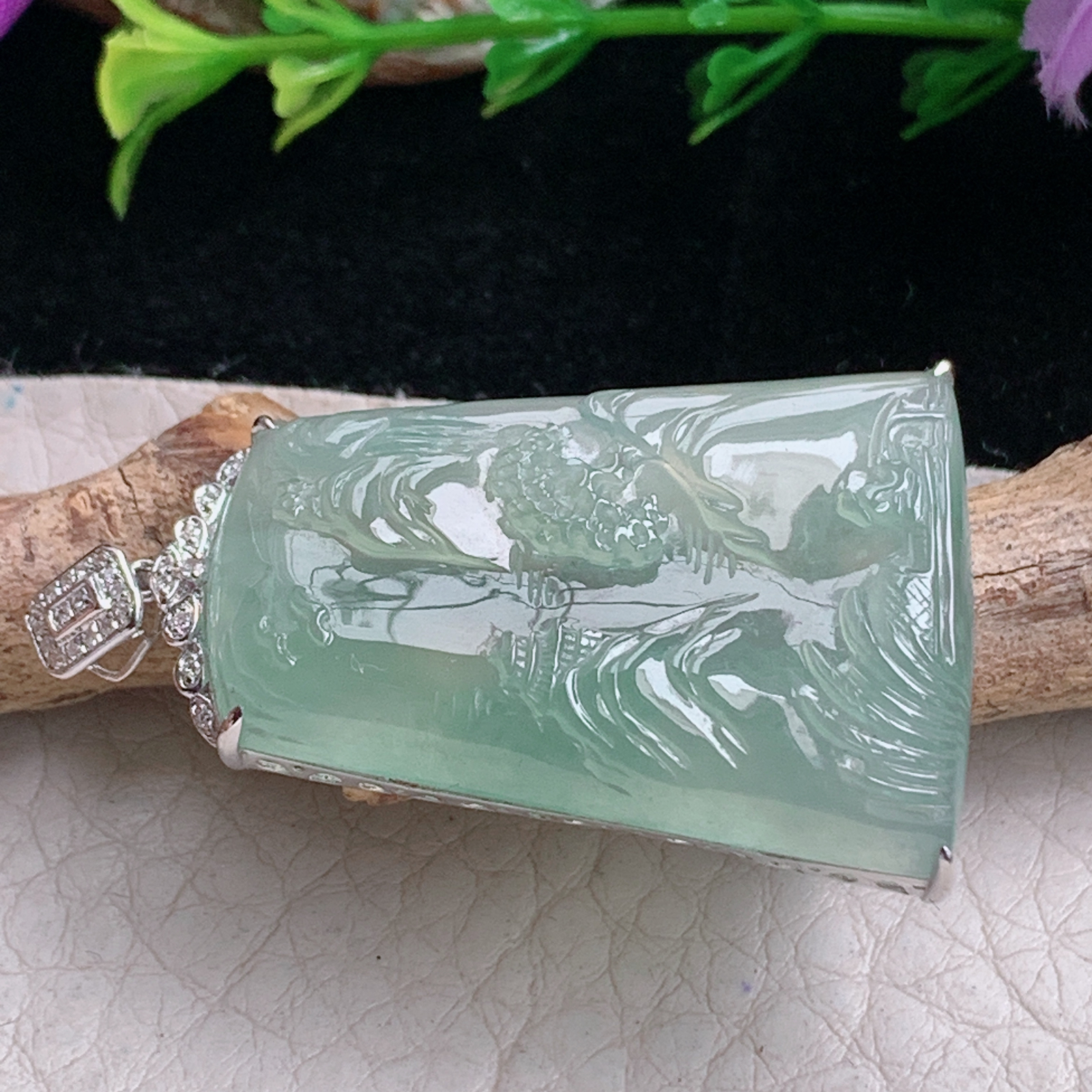 axm实拍33.8*24.6*6.3缅甸翡翠冰晴山水 大好河山玉吊坠 玉挂件