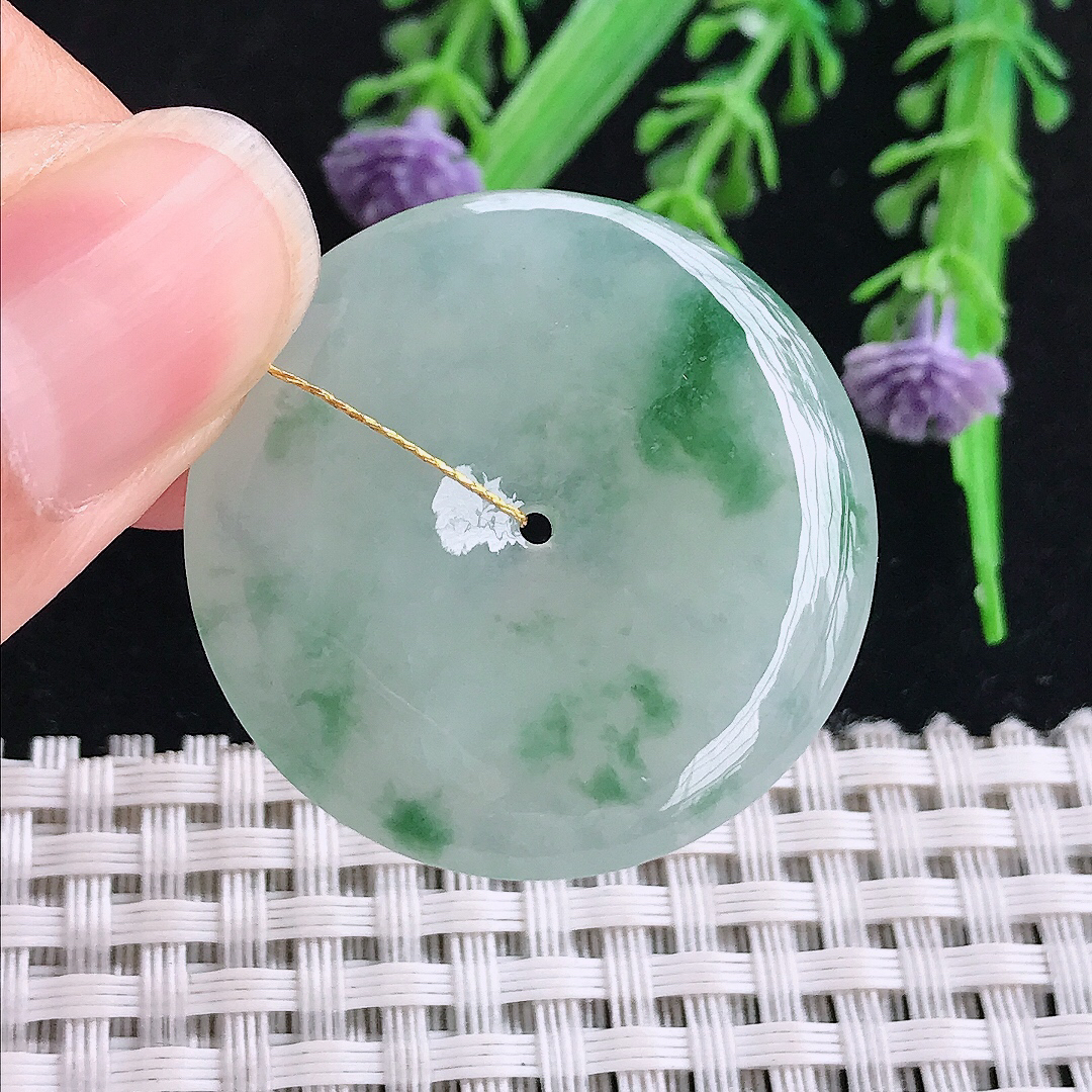 实拍A货翡翠33.2/5.5老坑冰胶水灵飘花平安扣吊坠翡翠玉坠挂件