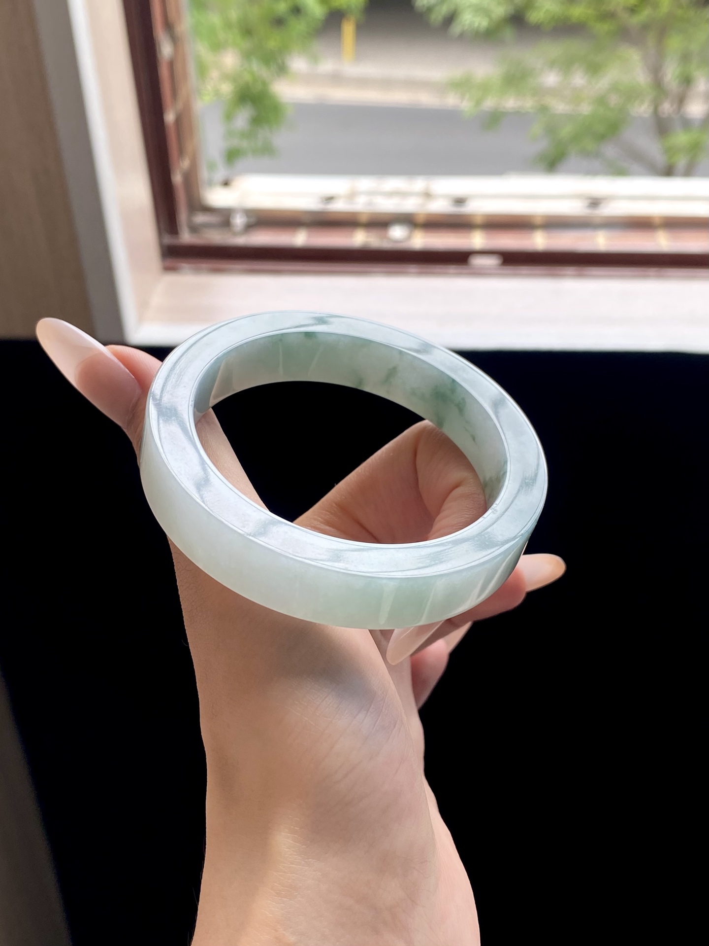 冰蓝飘花镯胚，A0420-10，74-57.5-12.5-8.5，可做57+～58正圈