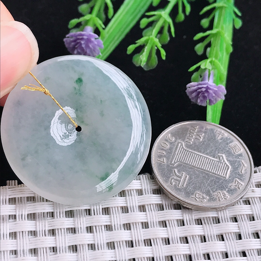 实拍A货翡翠34.5/5.8老坑冰透起胶冰飘花平安扣吊坠翡翠玉扣挂件