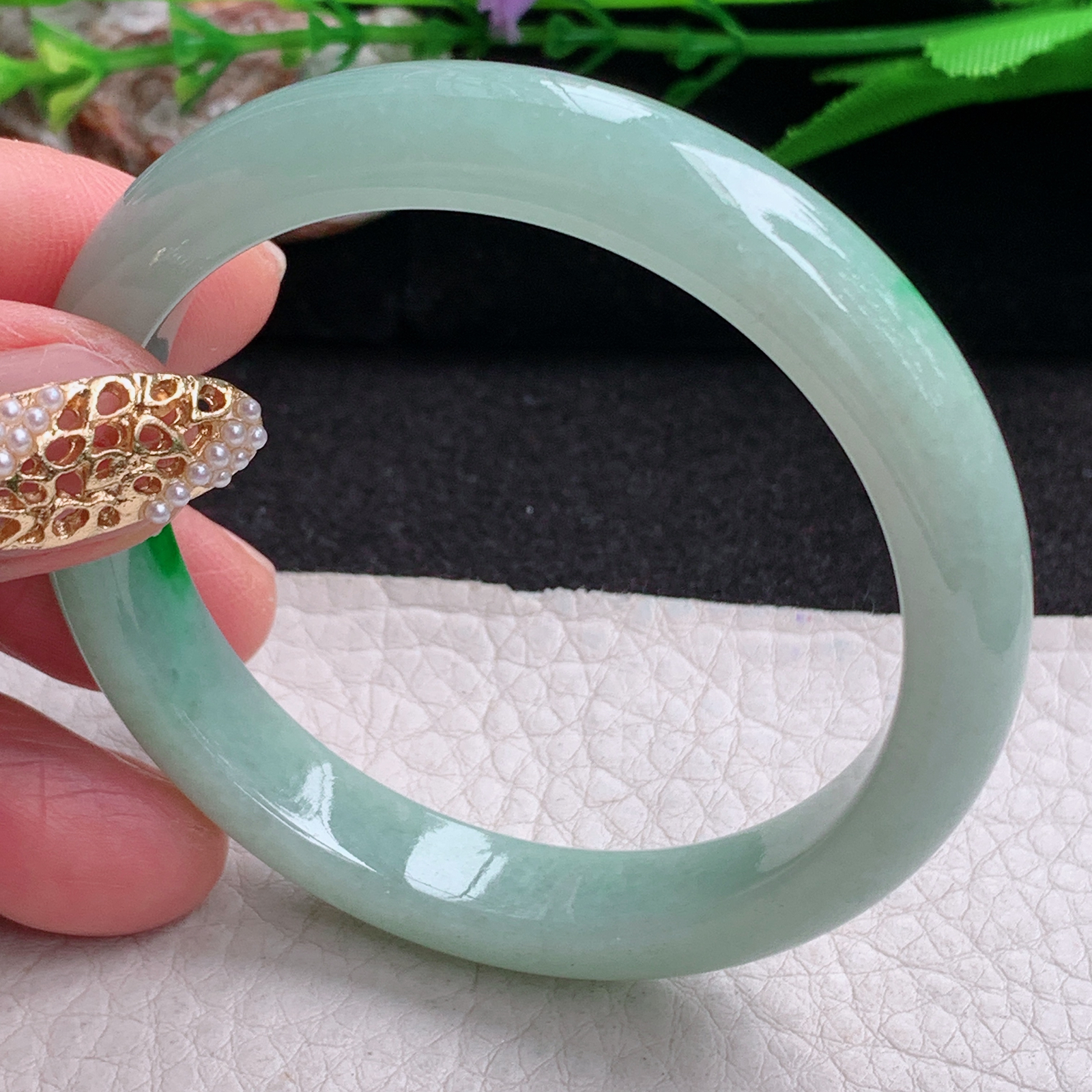 xx小圈口51*9.6*7平安镯 缅甸翡翠a货手镯飘阳绿女款正圈玉镯子