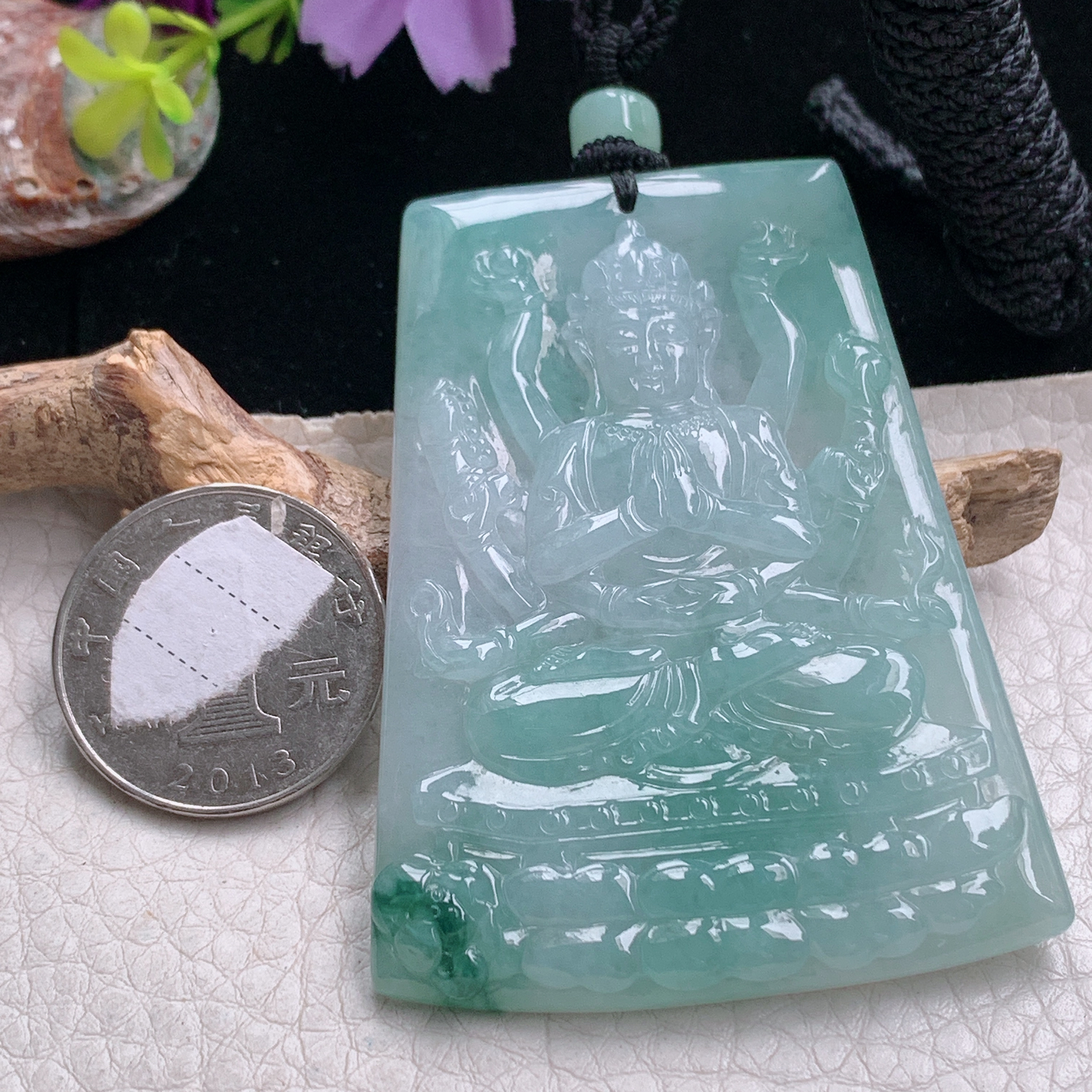 yl实拍65*47.8*5.7缅甸翡翠冰飘花千手观音 生肖守护神玉吊坠 玉挂件