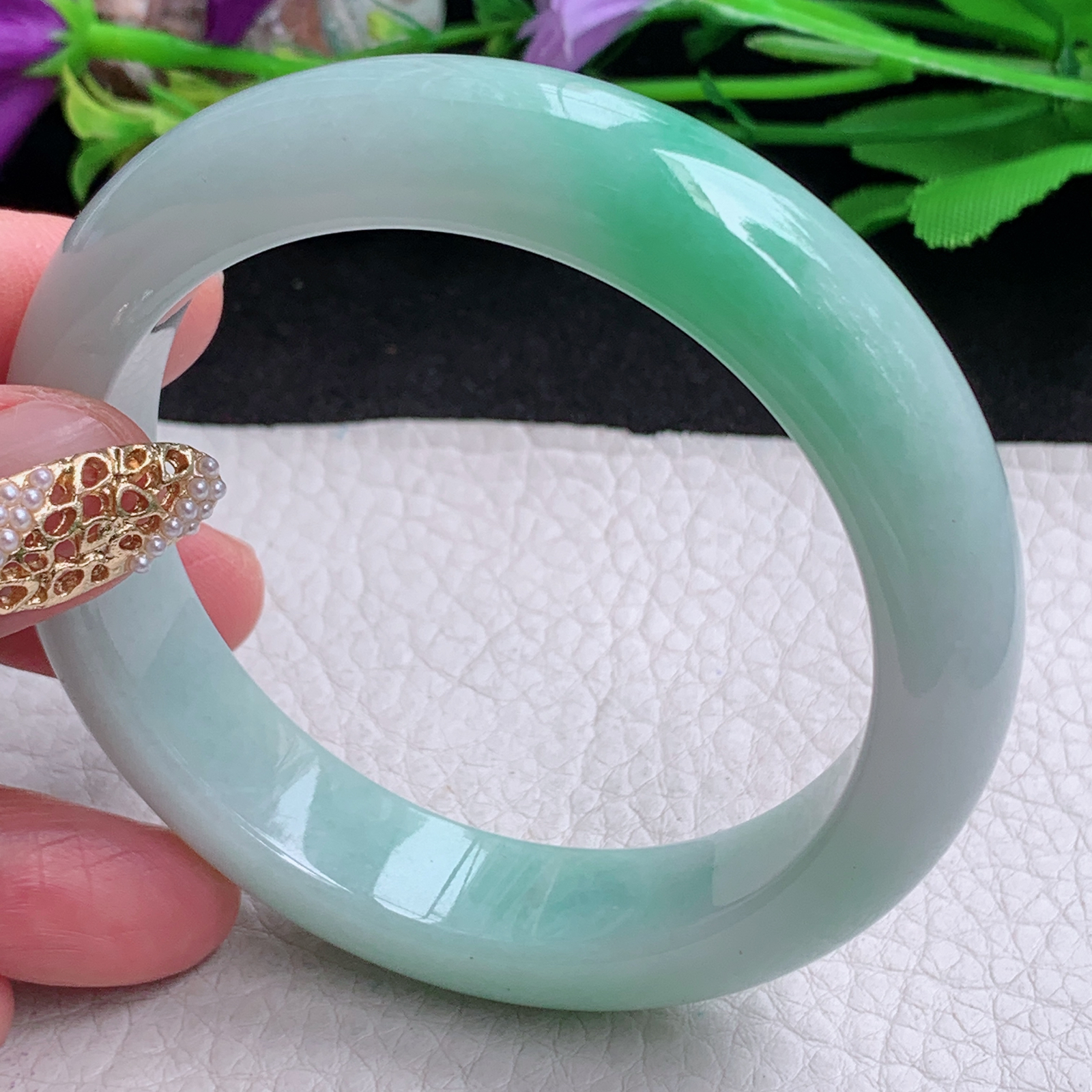 nr实拍57.85*13.8*9平安镯 缅甸翡翠a货手镯飘绿厚装正圈玉镯子