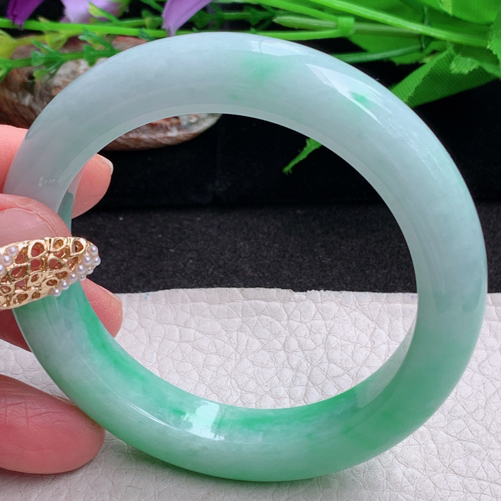 fl白底青56*13.5*9.6平安镯 缅甸翡翠a货手镯飘阳绿正圈玉镯子