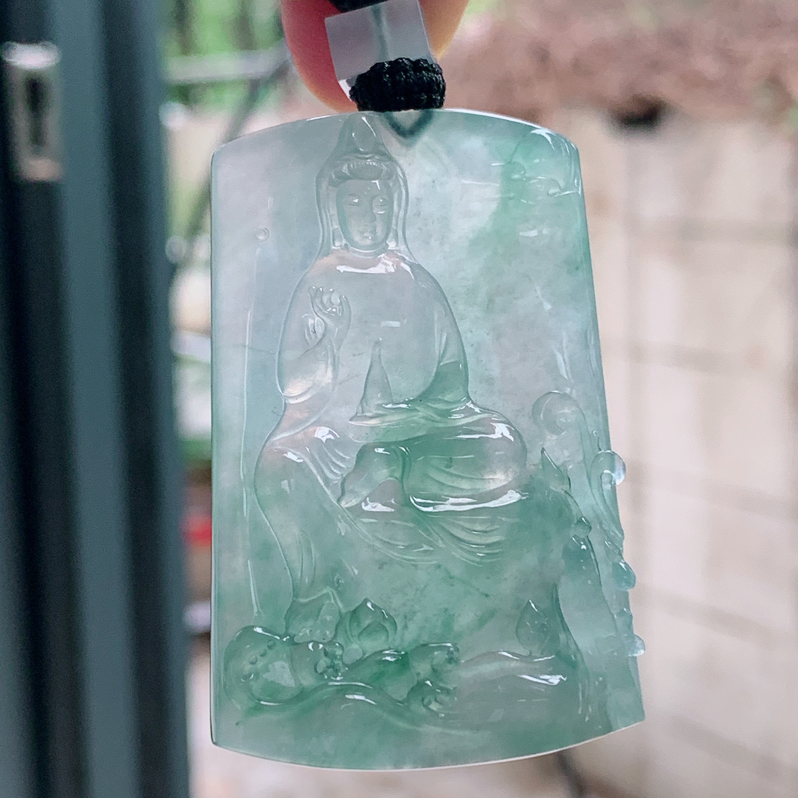 yl实拍55*36.2*6.2缅甸翡翠糯雕冰飘花玉观音玉吊坠 玉挂件