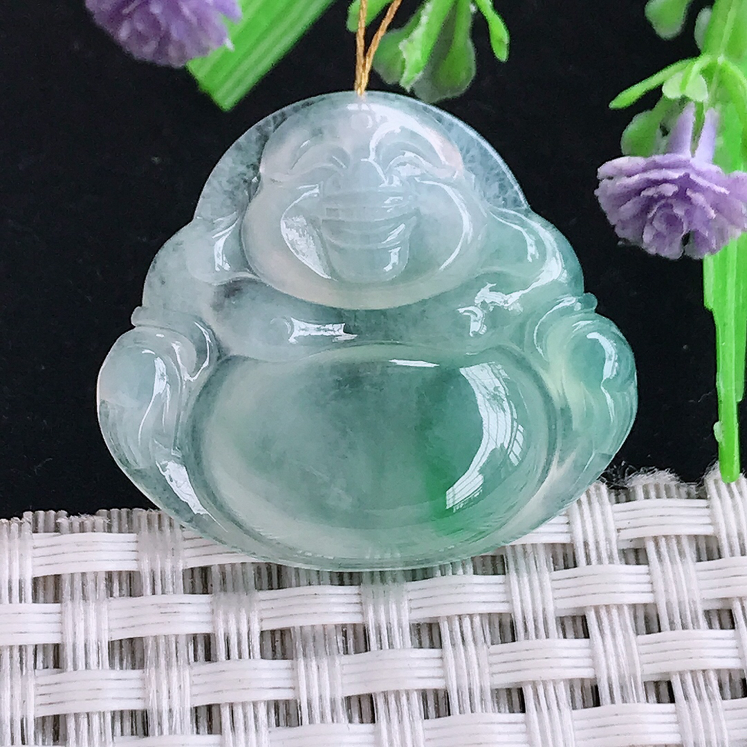 实拍A货翡翠27.6/30.6/5.5老坑冰胶飘绿佛公吊坠翡翠玉坠挂件