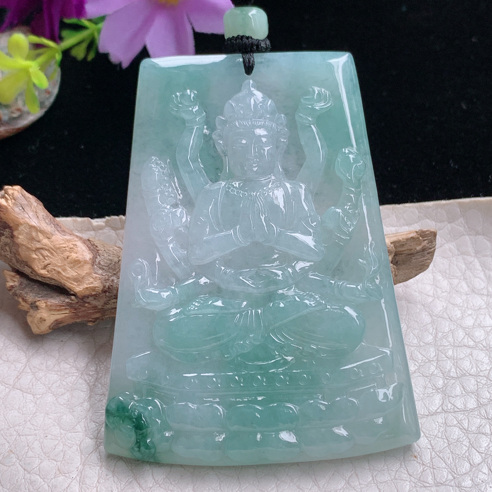yl实拍65*47.8*5.7缅甸翡翠冰飘花千手观音 生肖守护神玉吊坠 玉挂件