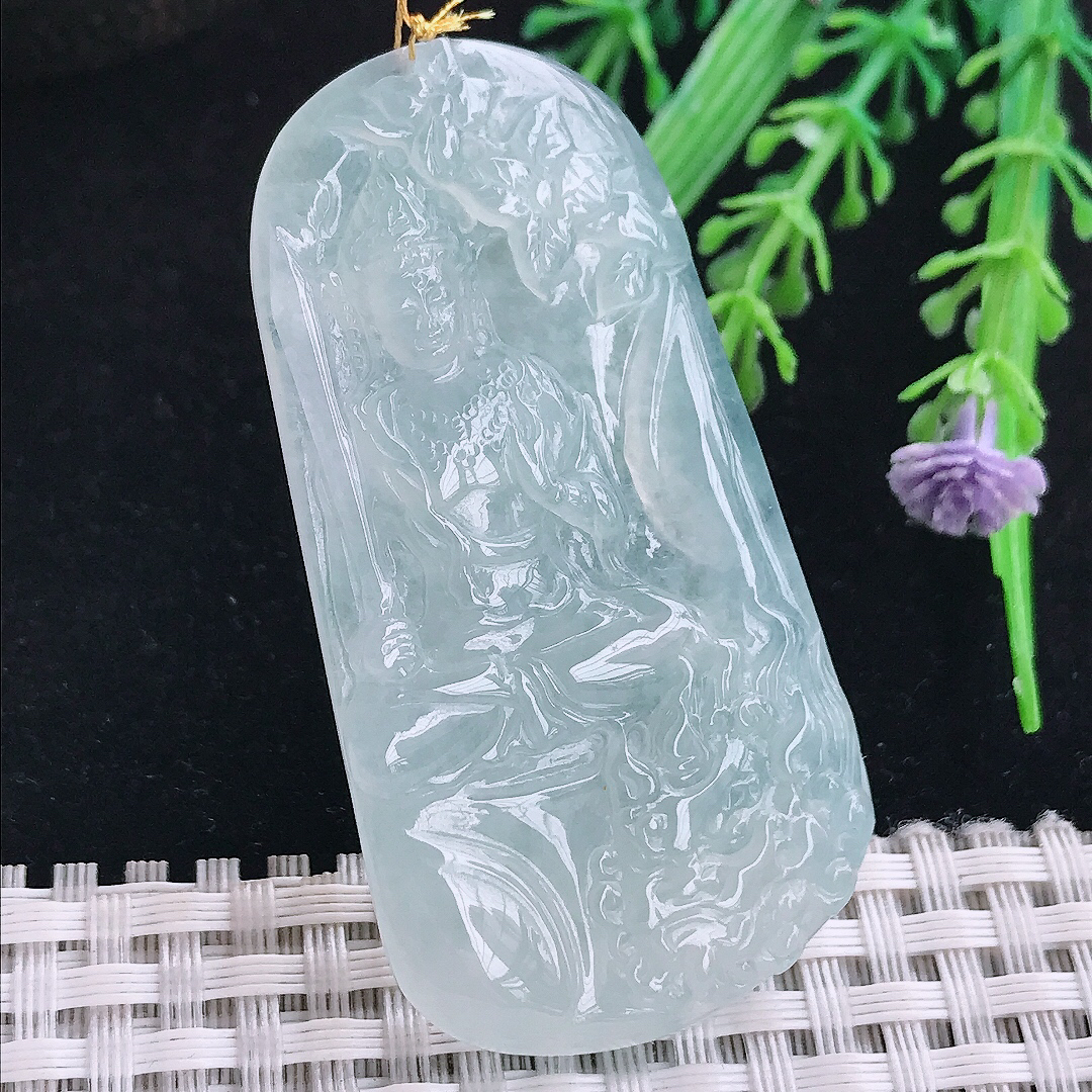 实拍A货翡翠57.2/30.3/5.2老坑冰胶果冻冰晴文殊菩萨吊坠翡翠玉坠挂件