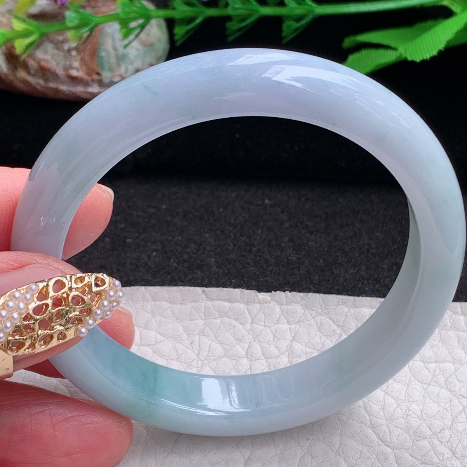 js实拍53.5*10.5*7.7平安镯 缅甸翡翠a货手镯紫底飘花正圈玉镯子