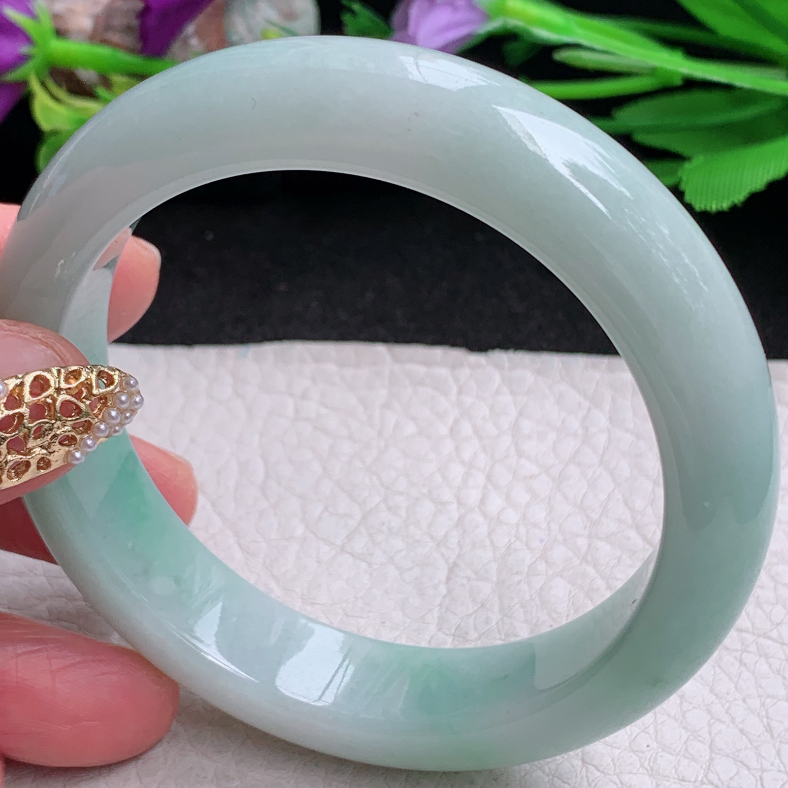 nr实拍57.85*13.8*9平安镯 缅甸翡翠a货手镯飘绿厚装正圈玉镯子