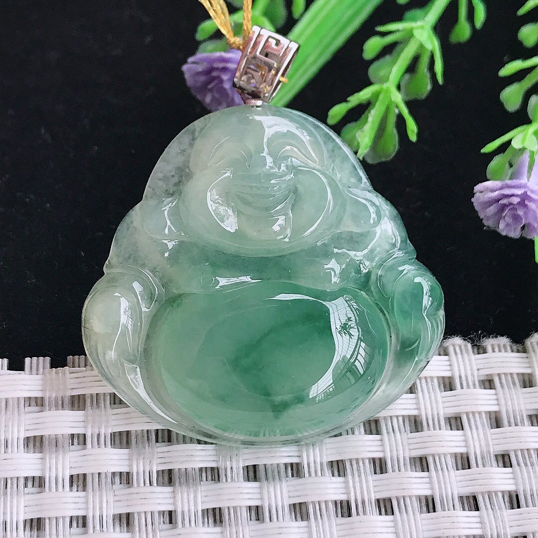 实拍A货翡翠34/36/7老坑18k金镶嵌冰飘花佛公吊坠翡翠玉坠挂件
